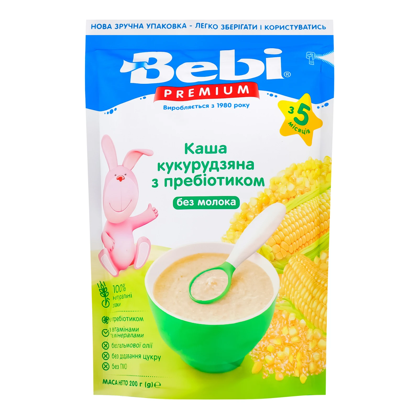 Каша дитяча Bebi Premium суха безмолочна швидкорозчинна Кукурудзяна з пребіотиком для дітей від 5-ти місяців 200г Фото №:1