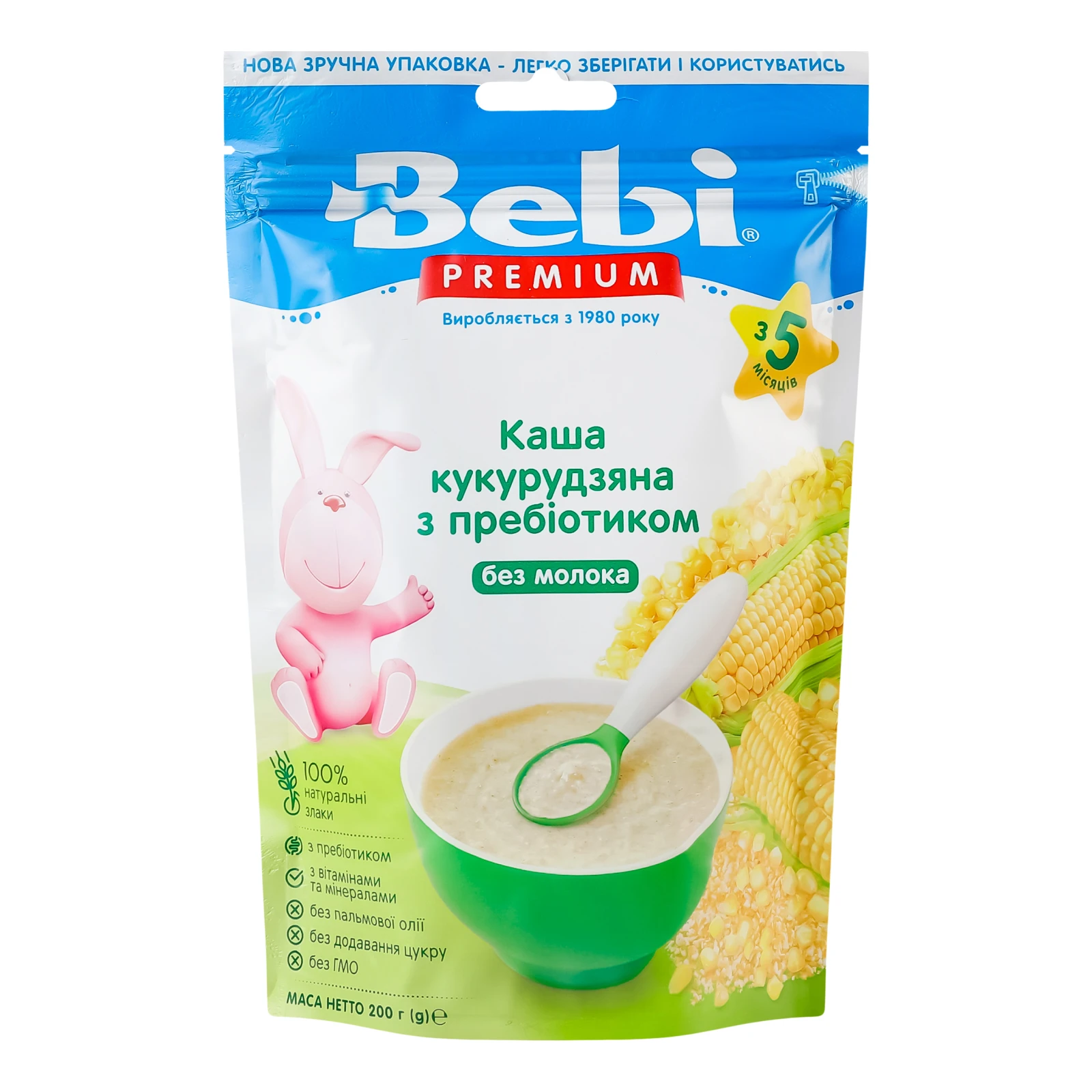Каша безмолочна Bebi Premium Кукурудзяна з пребіотиком для дітей від 5-ти місяців 200г Фото №:1