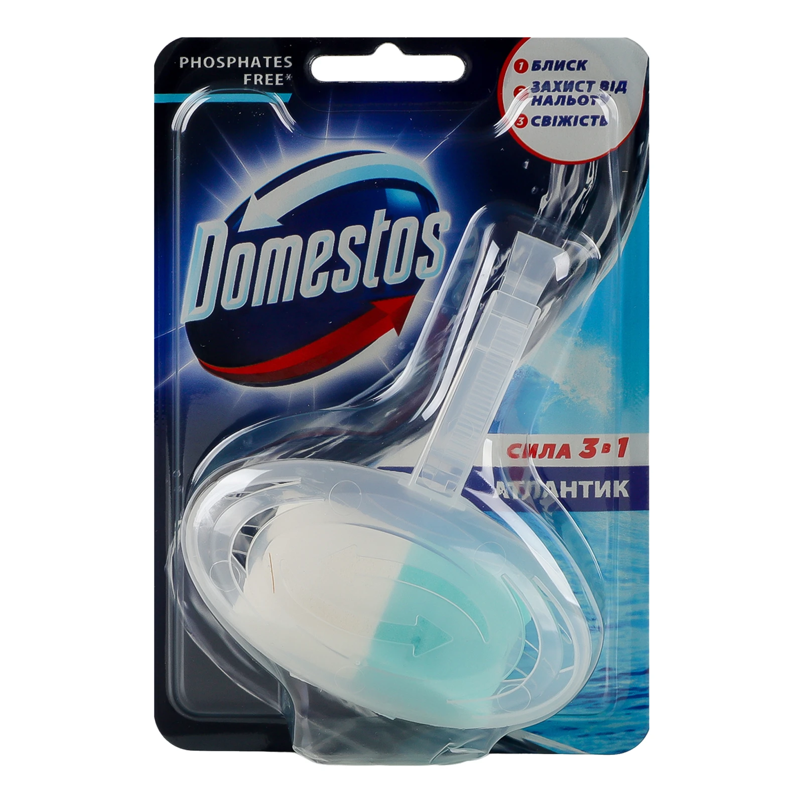 Блок для унітазу Domestos Сила 3в1 Атлантік гігієнічний 35г Фото навігації №:1