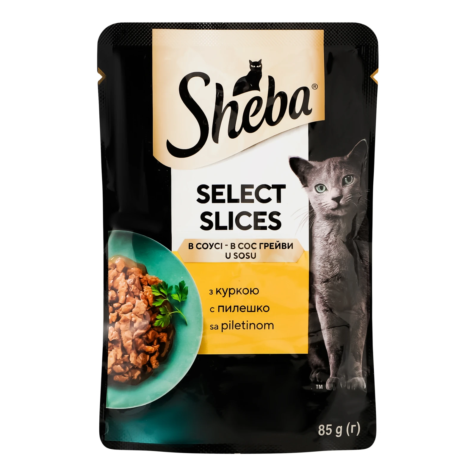 Корм для котів Sheba Відбірні шматочки консервований повнораціонний для дорослих котів З куркою в соусі 85г
