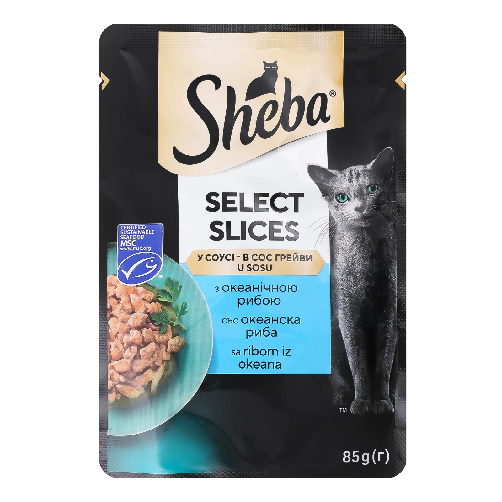 Корм для котів Sheba Select Slices консервований повнораціонний для дорослих котів з океанічною рибою в соусі 85г Фото №:1