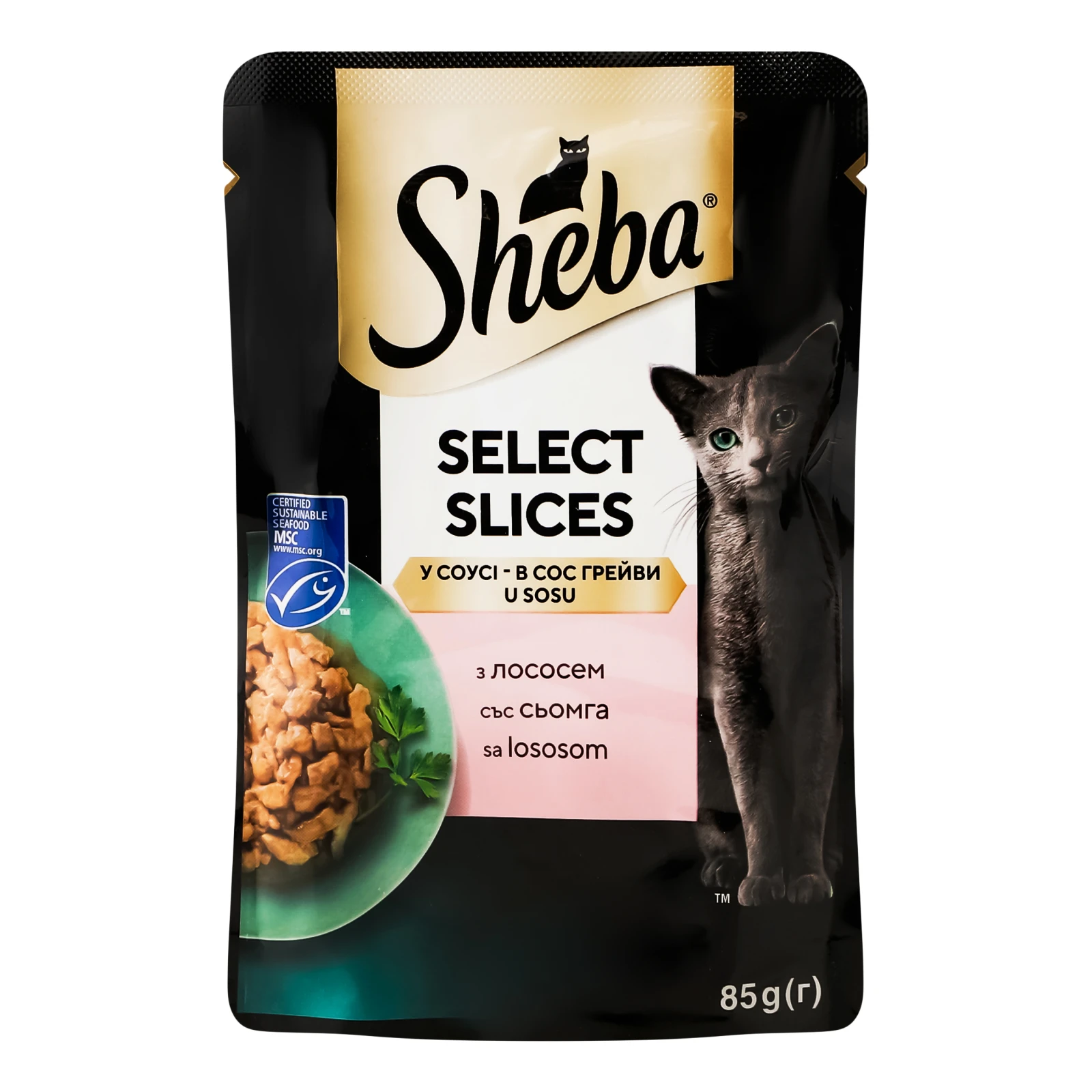 Корм для котів Sheba Відбірні шматочки консервований повнораціонний для дорослих котів З лососем в соусі 85г