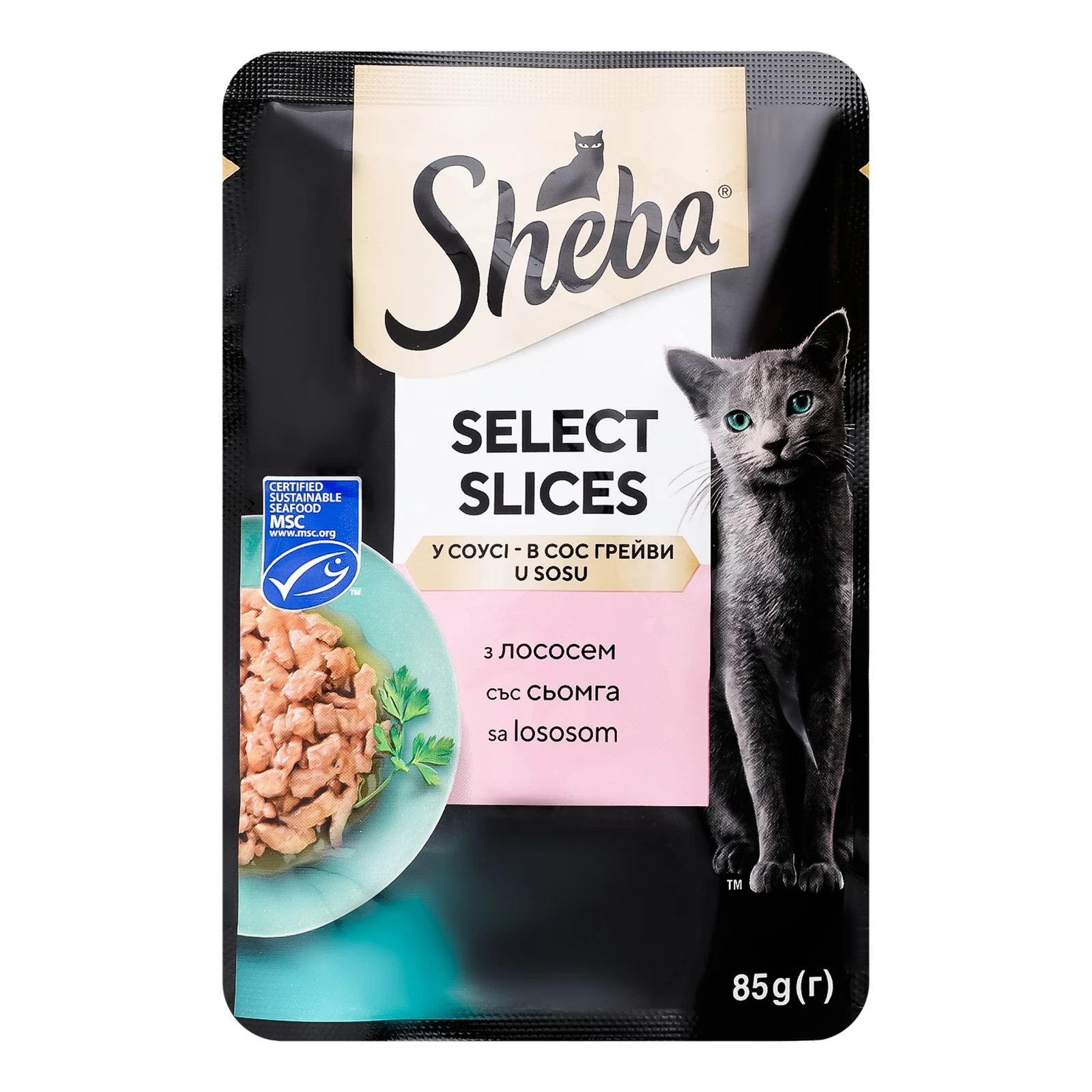 Корм для котів Sheba Select Slices консервований повнораціонний для дорослих котів з лососем в соусі 85г Фото №:1