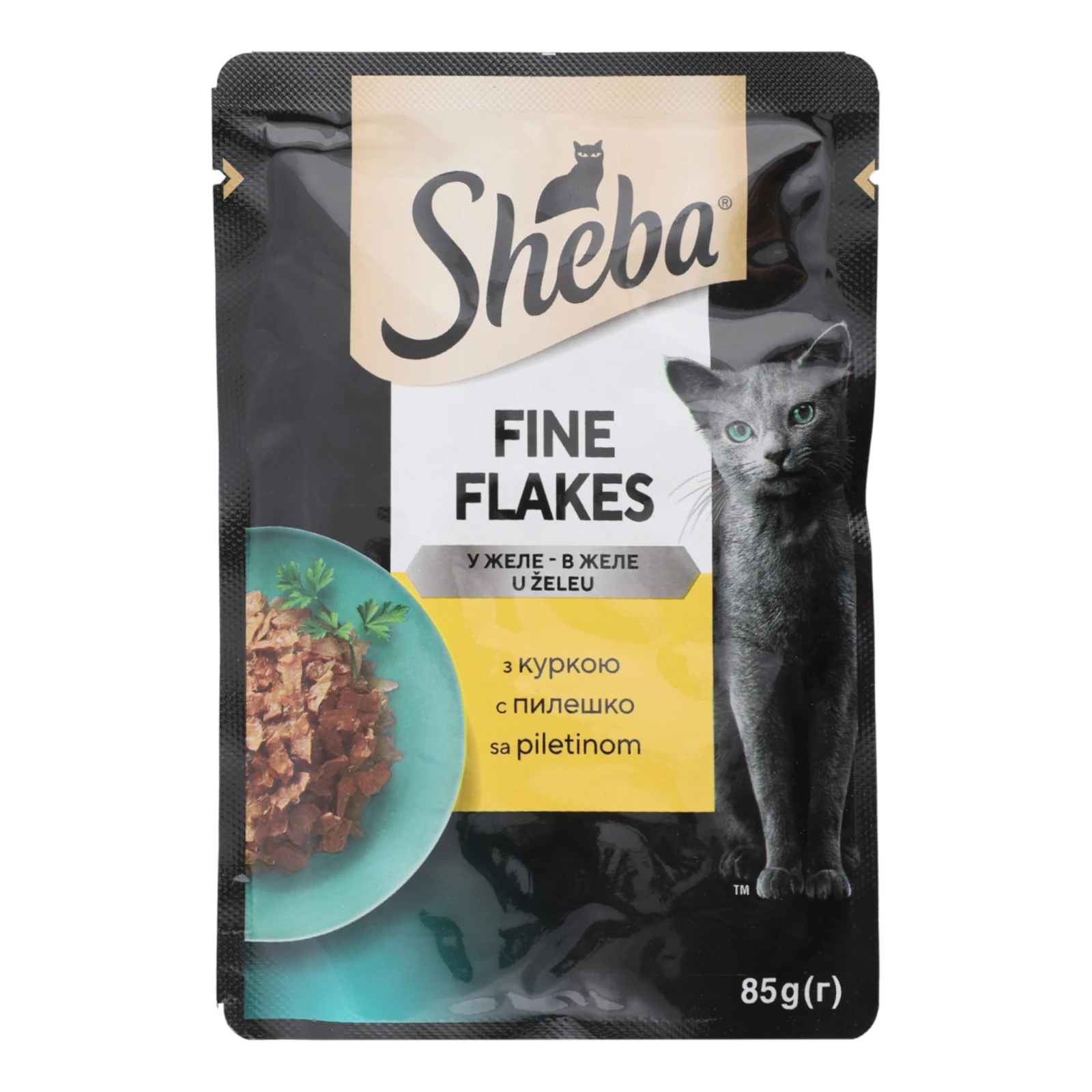 Корм для котів Sheba Fine Flakes консервований повнораціонний для дорослих котів з куркою в желе 85г Фото №:1