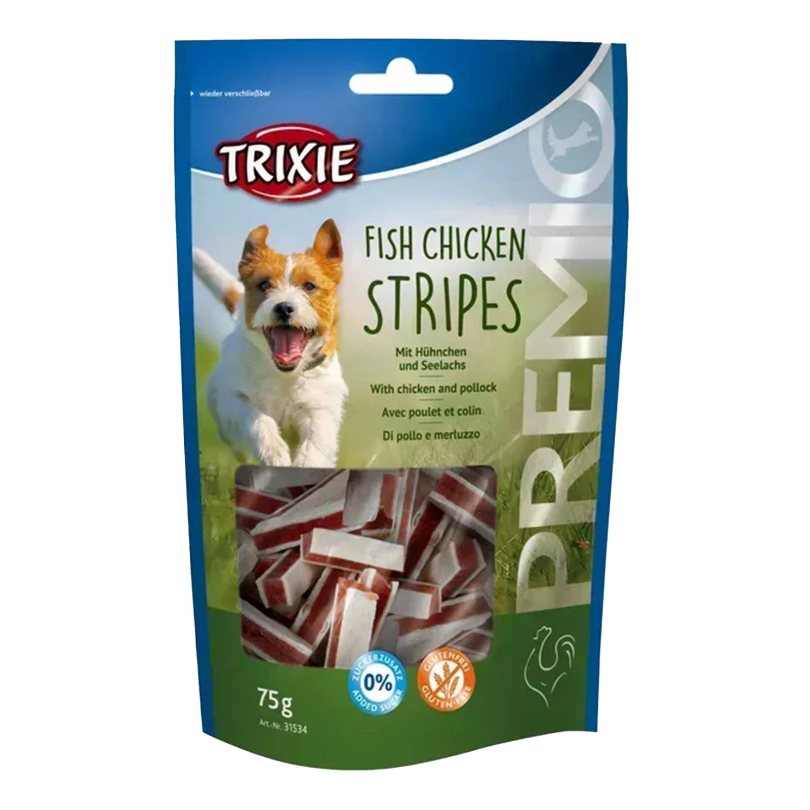 *Ласощі д/собакTrixie Premio Chicken and Pollock Stripes палички курка мінтай 75г Фото №:1