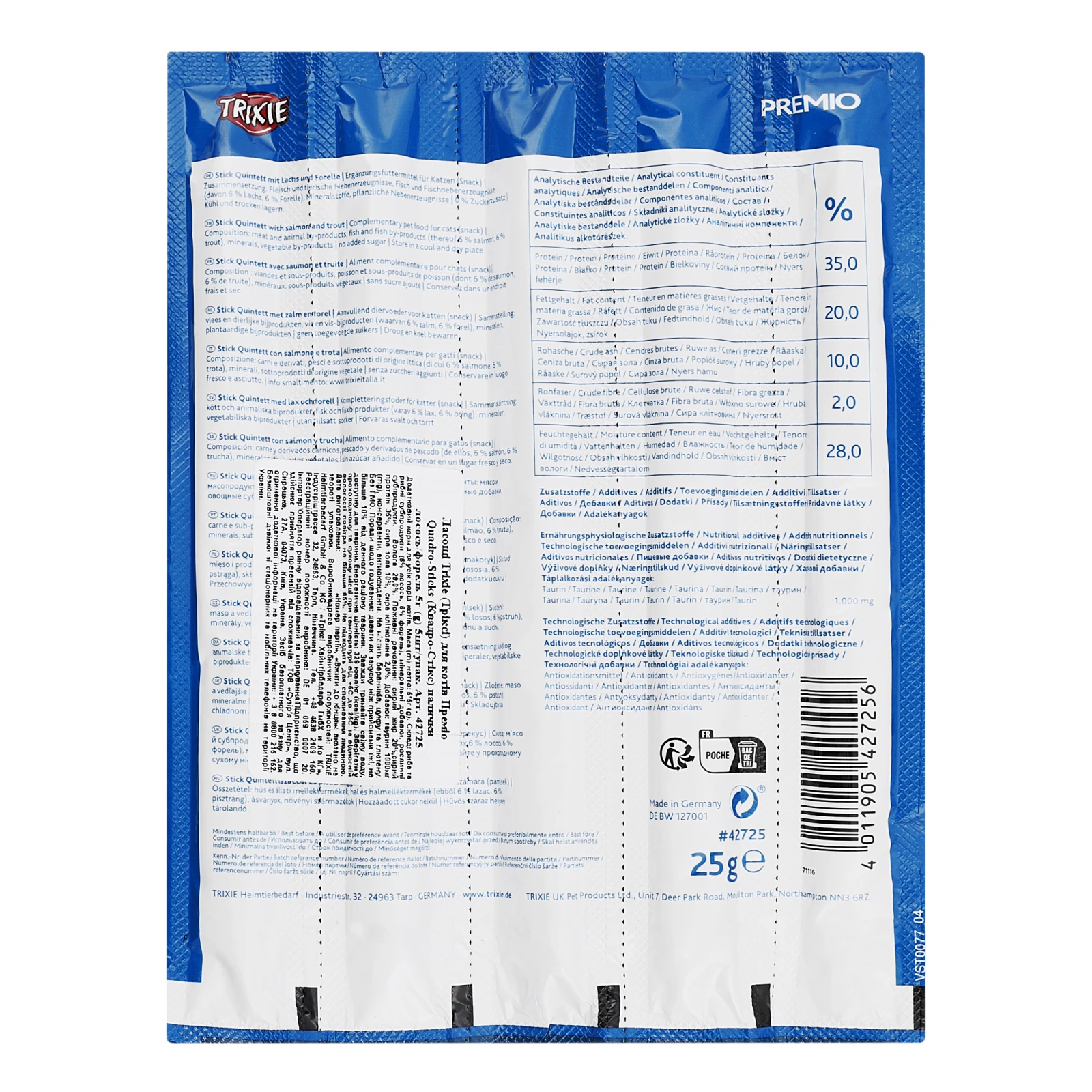 Корм для котів Trixie Premio Quadro-Sticks з лососем і фореллю 5х5г Фото №:2