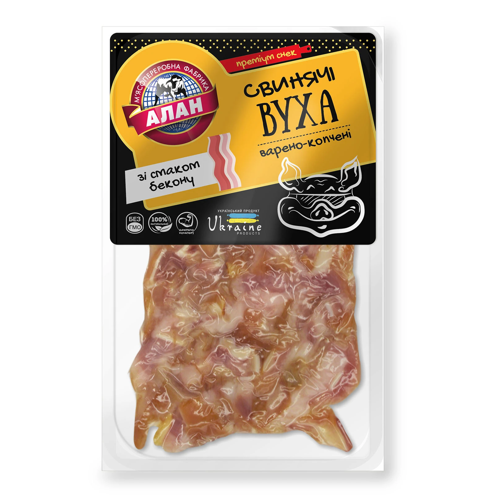 Вуха Алан свинячі зі смаком бекону варено-копчені Фото №:1