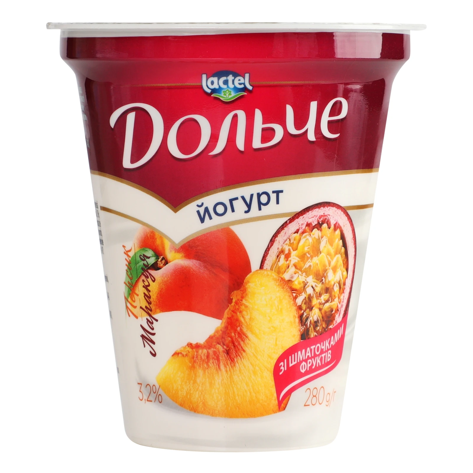 Йогурт Дольче зі шматочками фруктів Персик-маракуя 3.2% 280г Фото №:1
