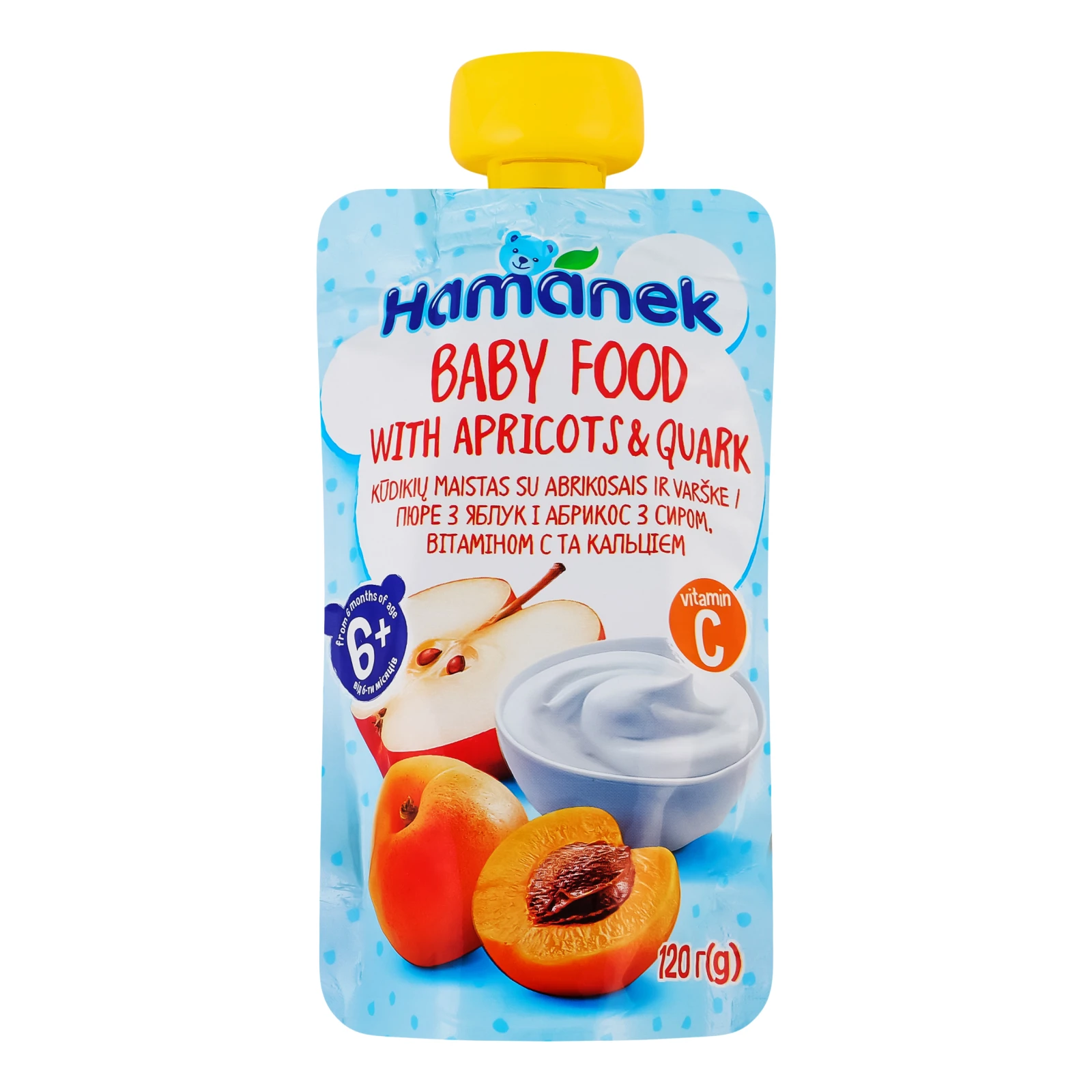 Пюре Hamanek з яблук і абрикос з сиром, вітаміном С і кальцієм для дітей від 6-ти місяців 120г Фото №:1