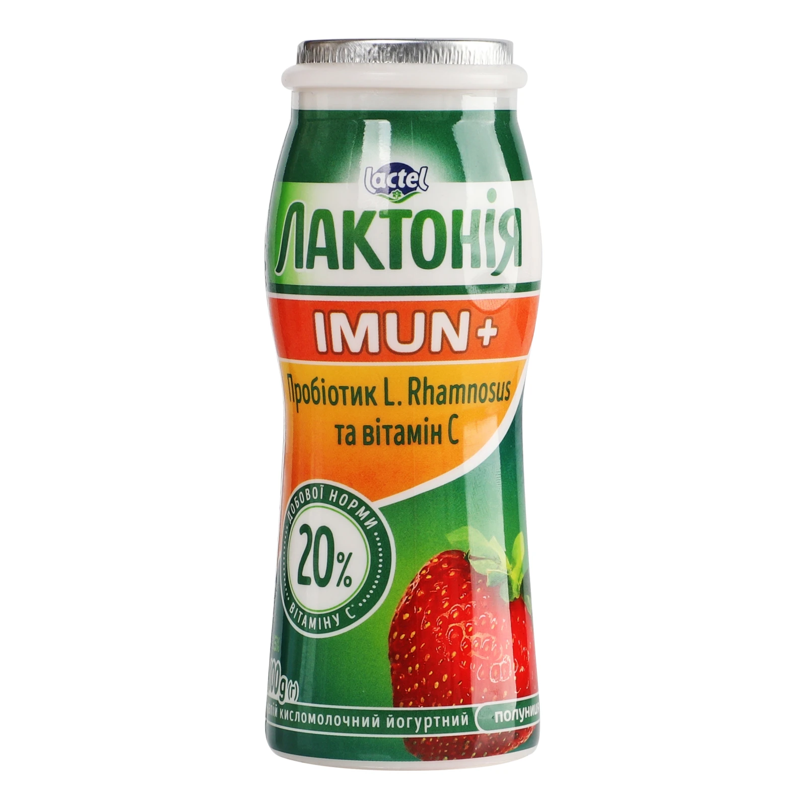 Напій кисломолочний Лактонія Imun+ йогуртний збагачений пробіотиком та вітаміном С Полуниця 1.5% 100г Фото №:1