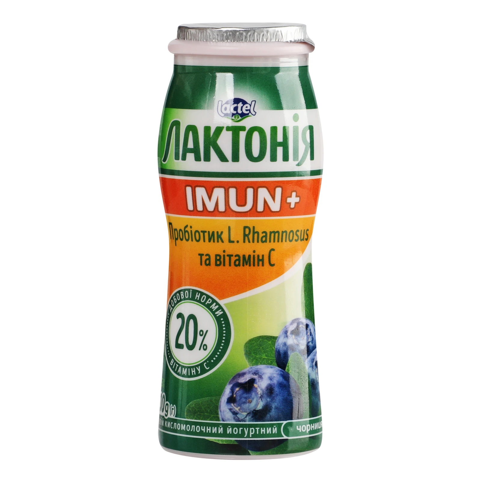 Напій кисломолочний Лактонія Imun+ йогуртний збагачений пробіотиком та вітаміном С Чорниця 1.5% 100г Фото №:1