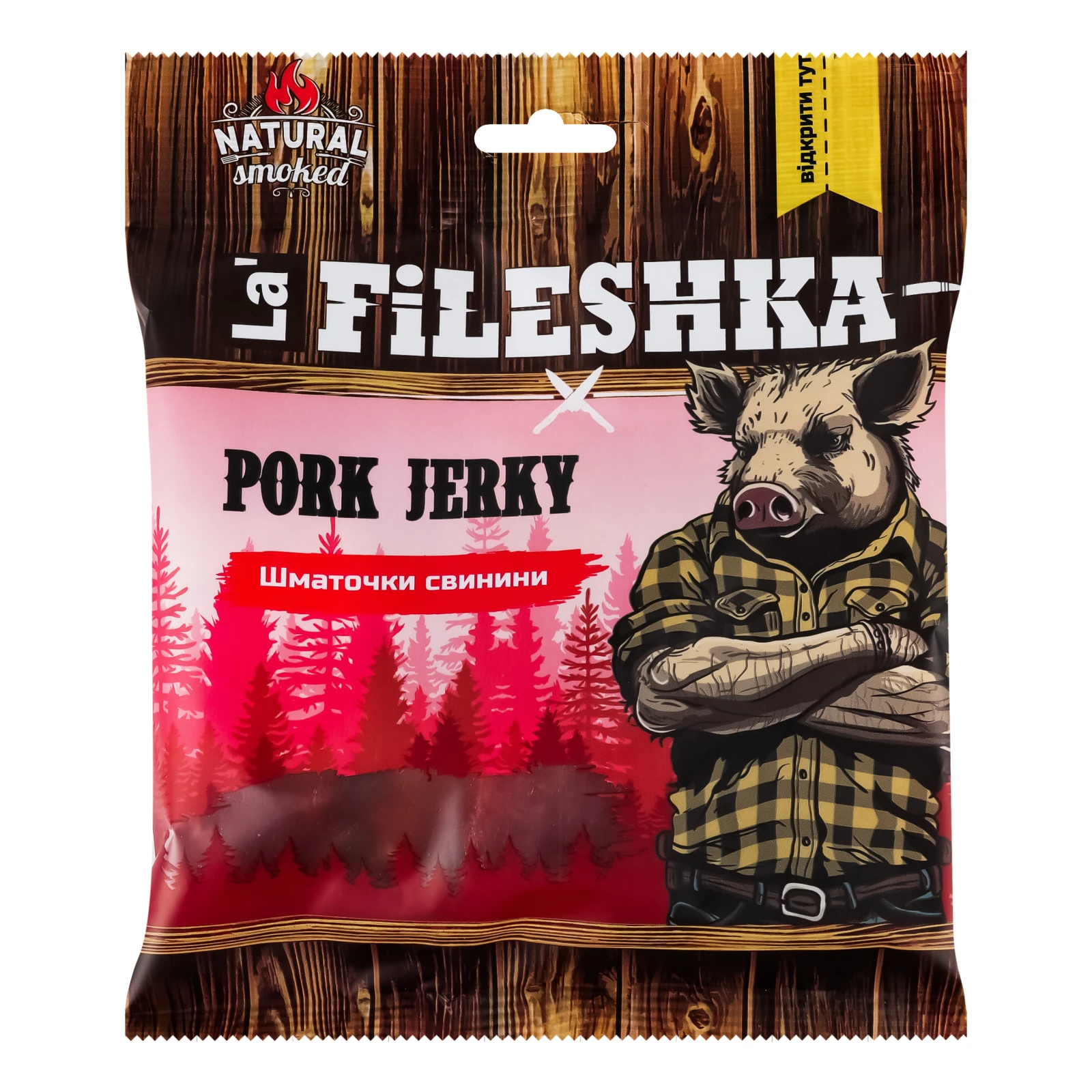 Снеки м`ясні La' Fileshka Pork Jerky шматочки свинини сирокопчені 40г Фото №:1