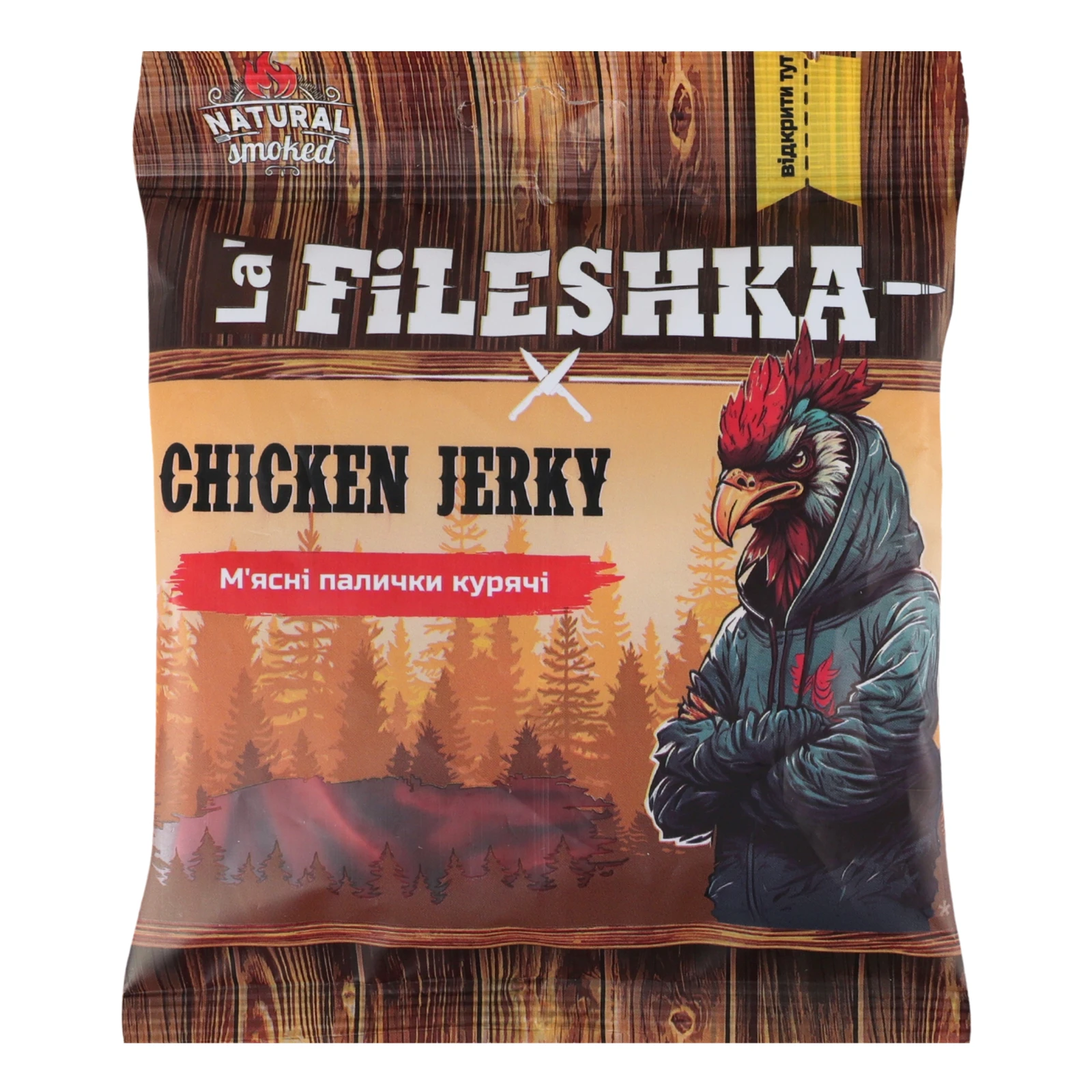 Снеки м'ясні La' Fileshka Chicken Jerky палички курячі сирокопчені 45г Фото навігації №:1