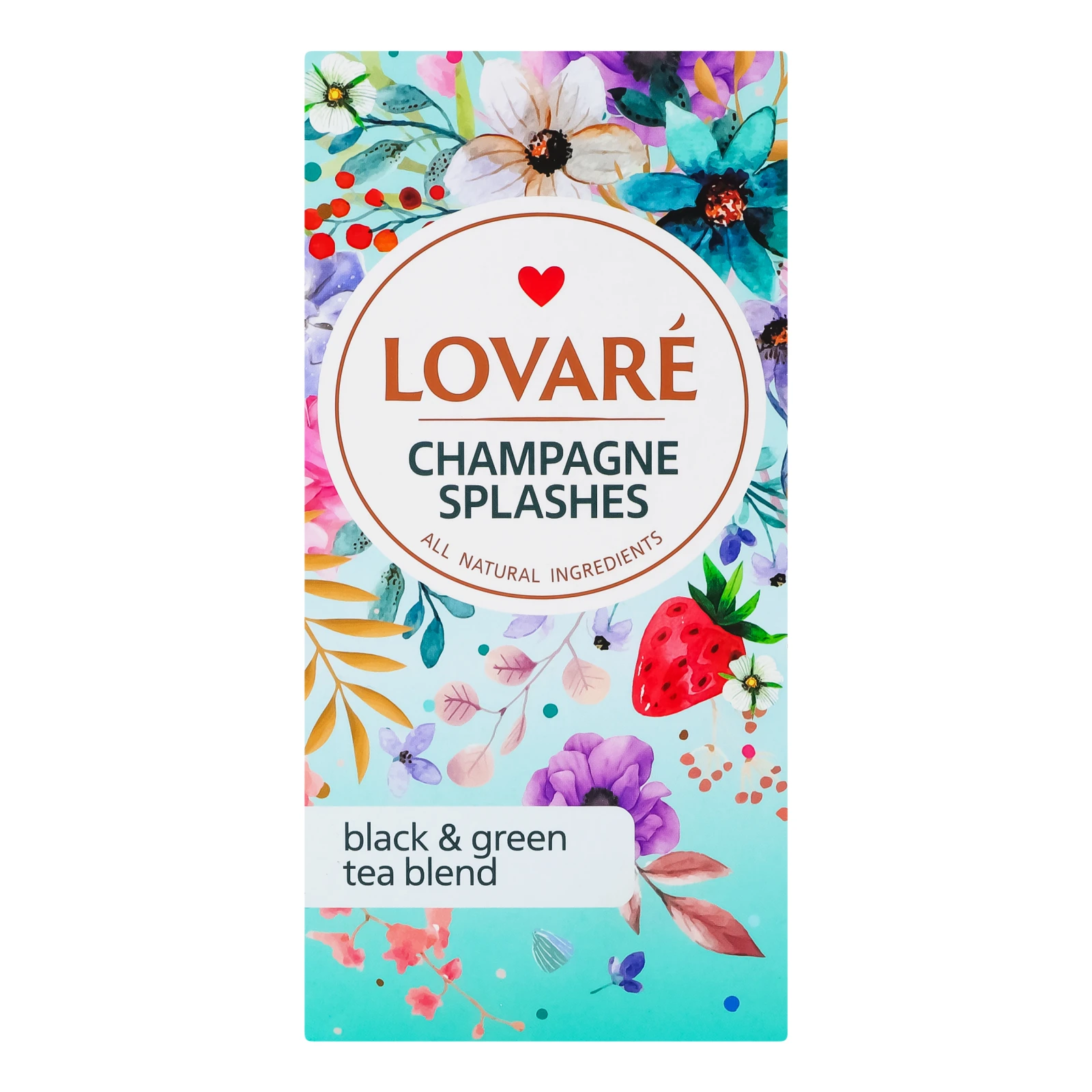 Чай Lovare Бризки шампанського чорний та зелений байховий дрібний з ягодами, пелюстками квітів та ароматом суниці 24х2г Фото №:1