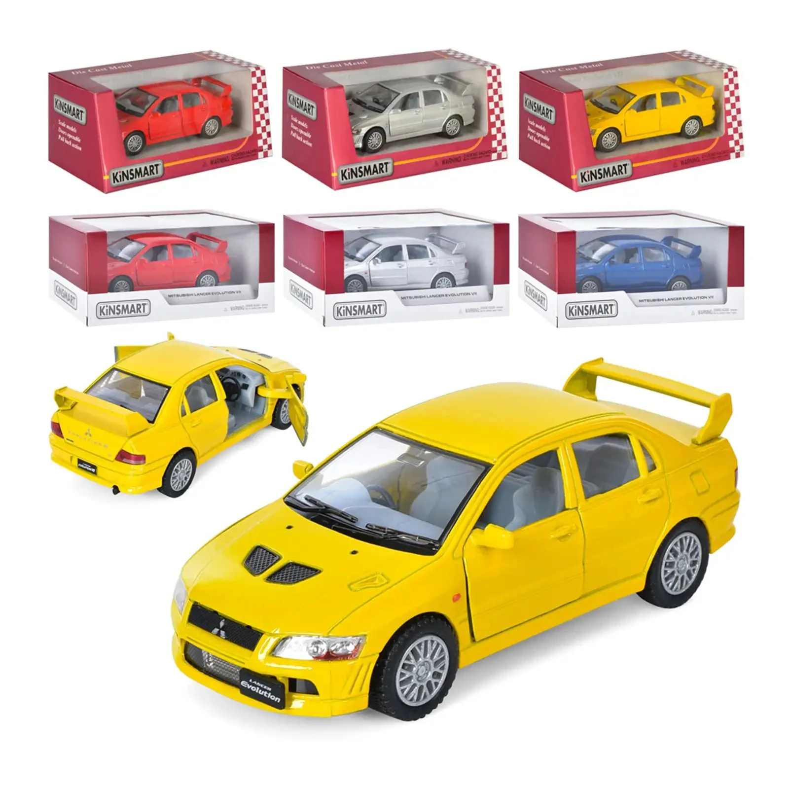 Машинка Kinsmart металева інерційна Mitsubishi Lancer Evolution VII 1:36, гумові колеса, двері відчиняються KT5052W 4кольори Фото №:1