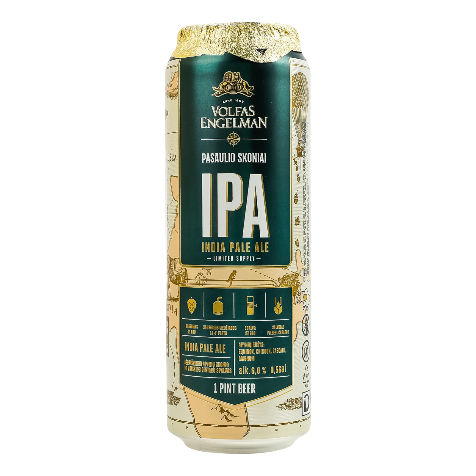 Пиво Volfas Engelman IPA світле нефільтроване пастеризоване 6% 0.568л Фото №:1