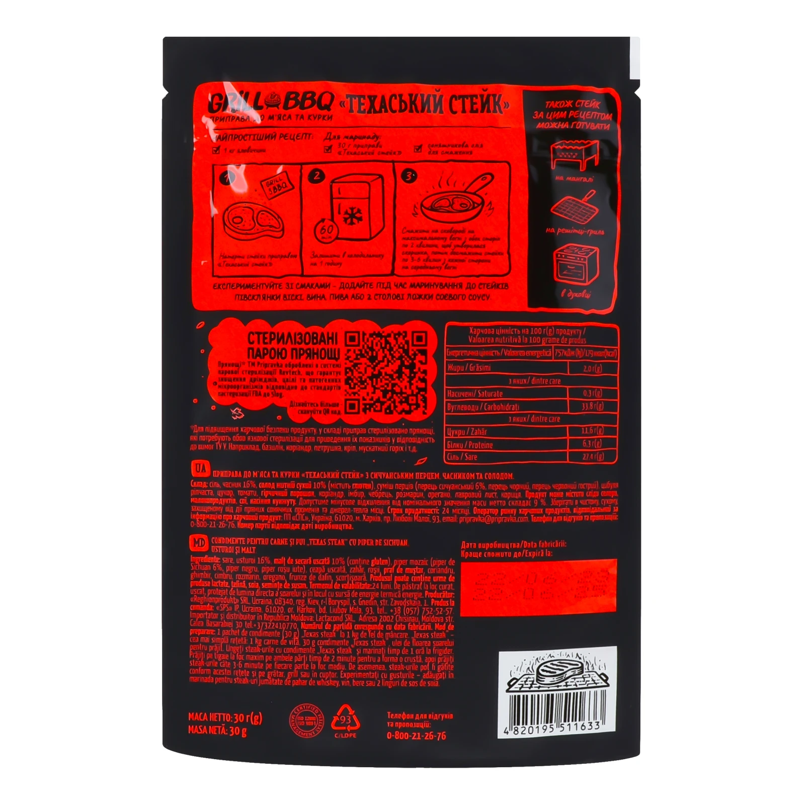 Приправа Pripravka Grill&BBQ Техаський стейк до м'яса та курки з сичуанським, часником та солодом 30г Фото №:2