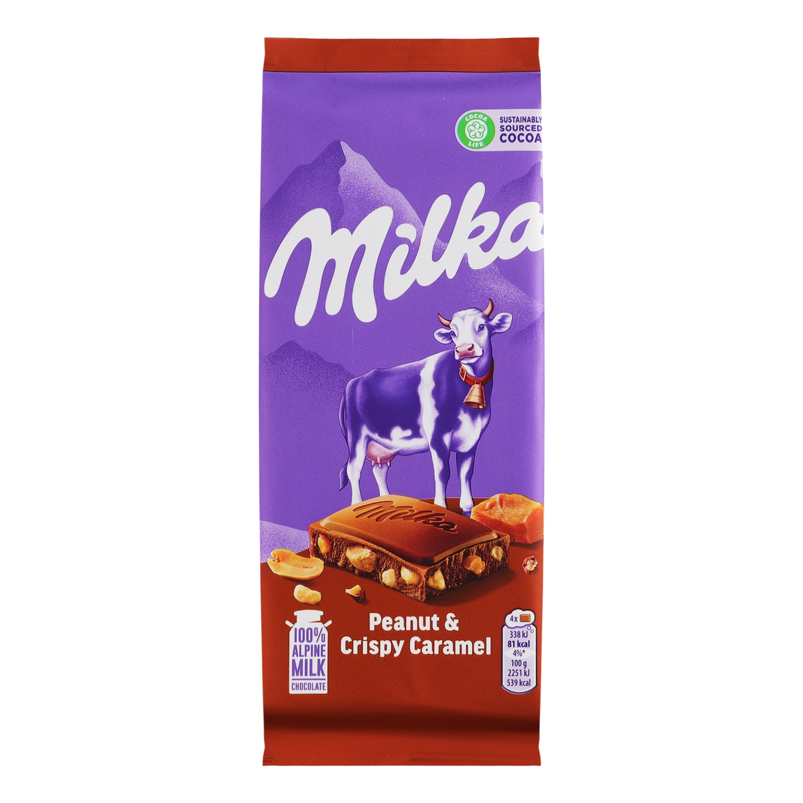 Шоколад Milka молочний з арахісом, шматочками хрумкої карамелі, рисовими кульками та кукурудзяними пластівцями 90г