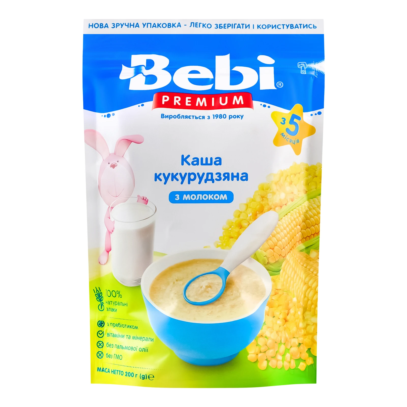 Каша дитяча Bebi Premium суха молочна швидкорозчинна Кукурудзяна для дітей від 5-ти місяців 200г Фото №:1
