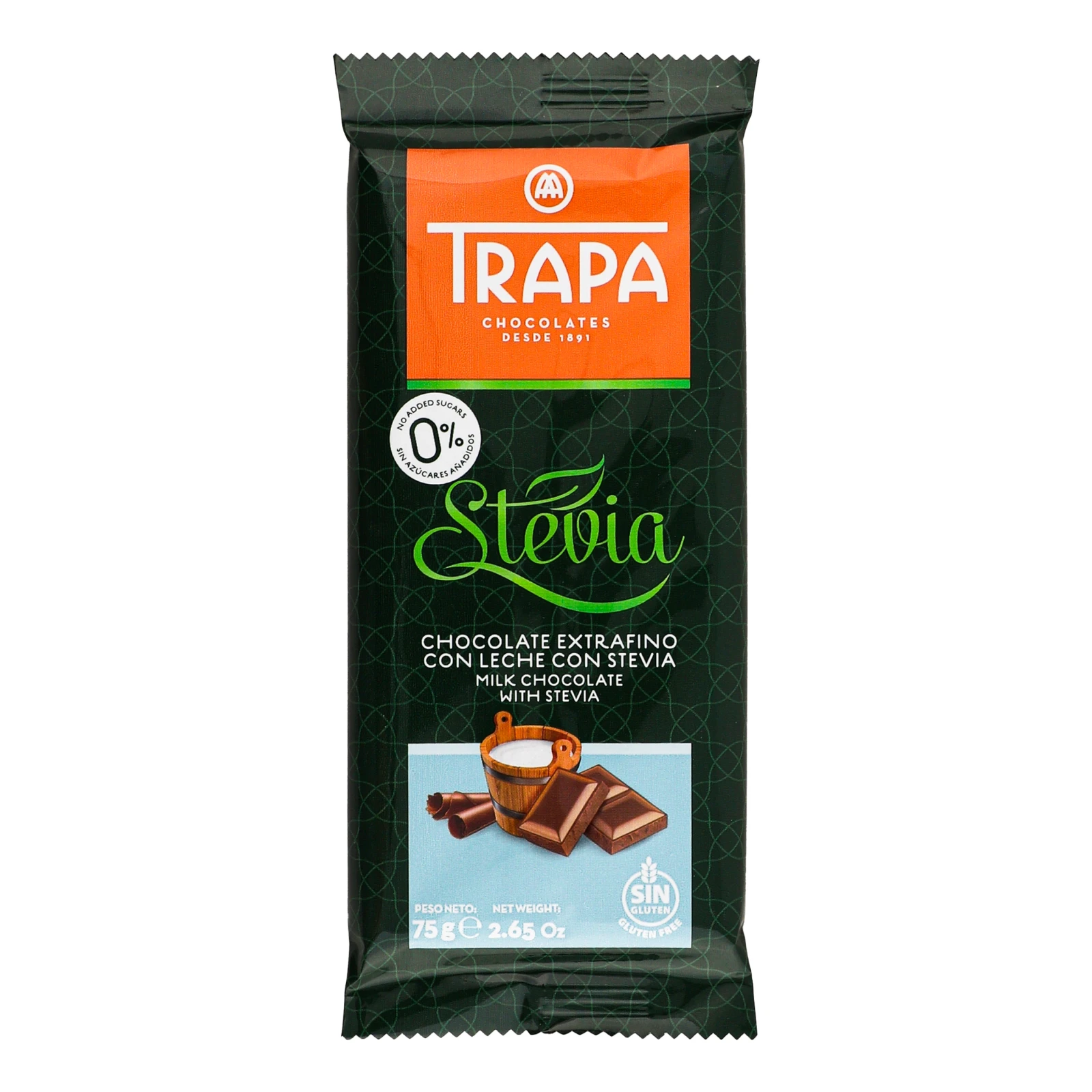 Шоколад Trapa Stevia молочний зі стевією без цукру з підсолоджувачами 75г
