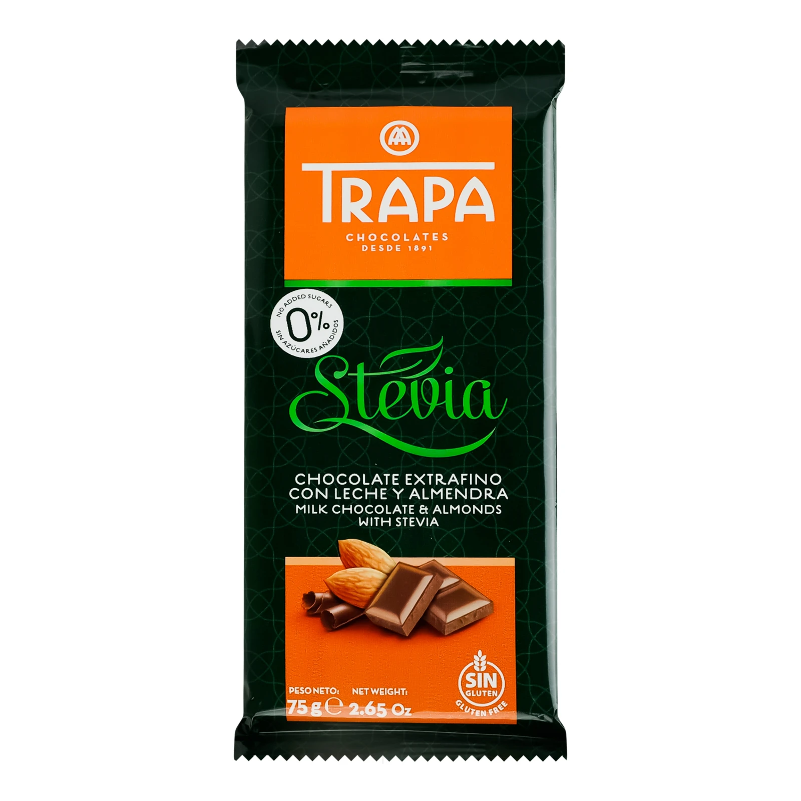 Шоколад Trapa Stevia молочний з мигдалем і стевією без цукру 75г Фото навігації №:1