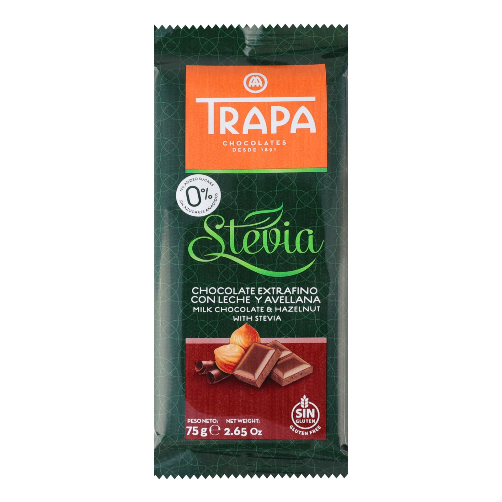 Шоколад Trapa Stevia молочний з фундуком і стевією 75г