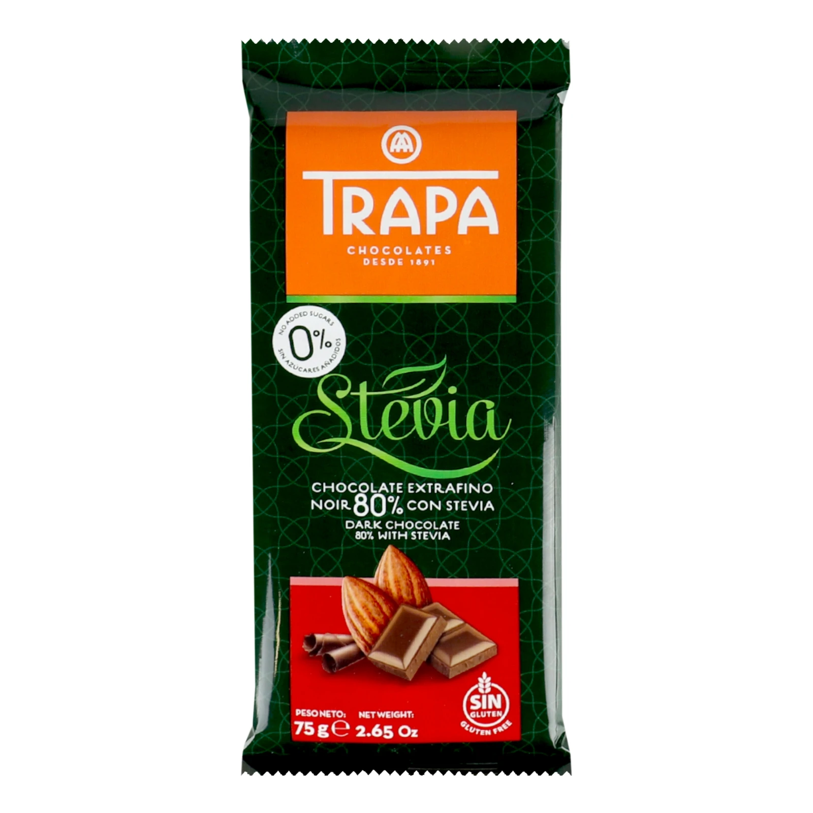 Шоколад Trapa Stevia чорний без цукру 80% 75г Фото №:1