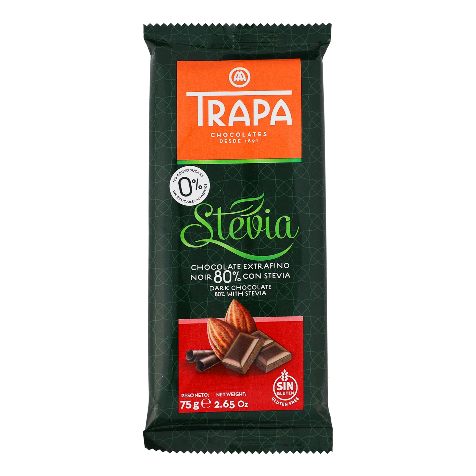 Шоколад Trapa Stevia чорний зі стевією без цукру з підсолоджувачами 80% 75г Фото №:1