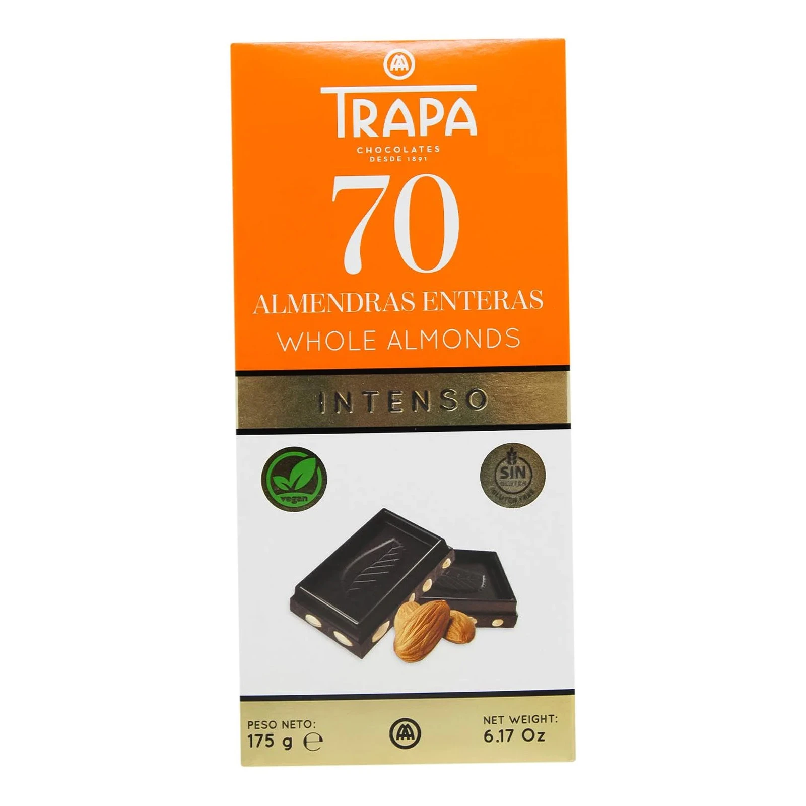 Шоколад Trapa Intenso чорний з мигдалем 70% 175г Фото №:1