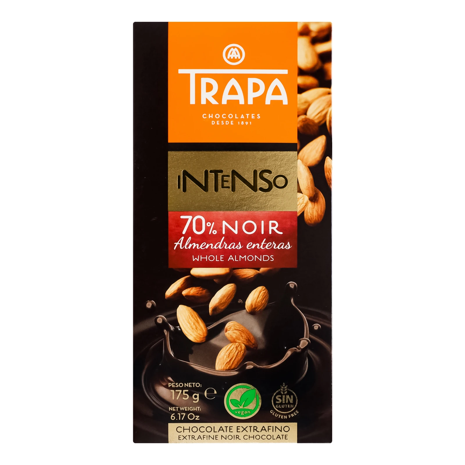 Шоколад Trapa Intenso чорний з мигдалем 70% 175г Фото №:1
