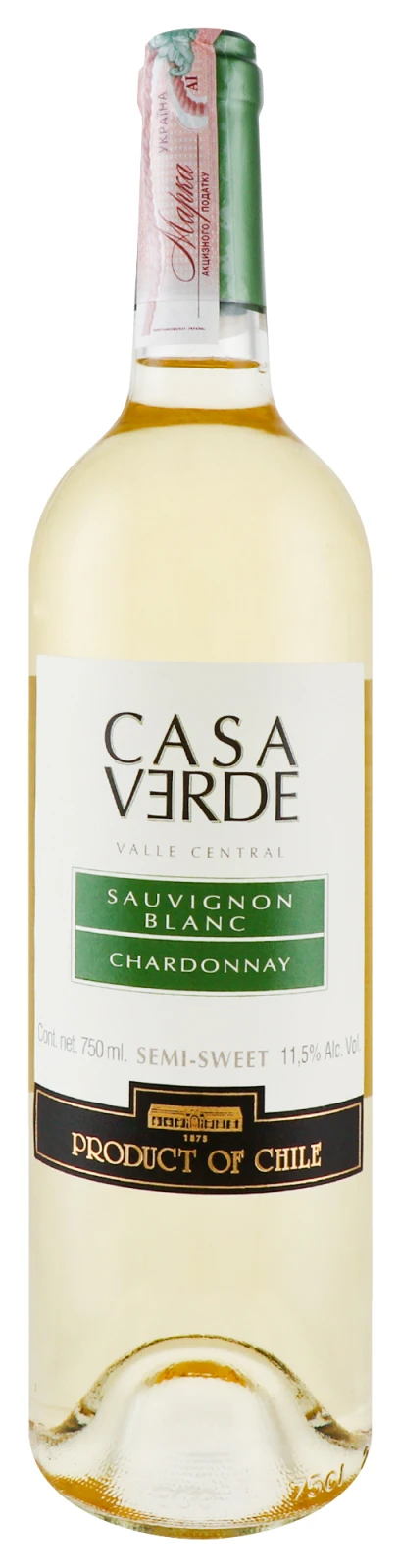 Вино Casa Verde Sauvignon Blanc/Chardonnay біле напівсолодке 12% 0.75л Фото №:1