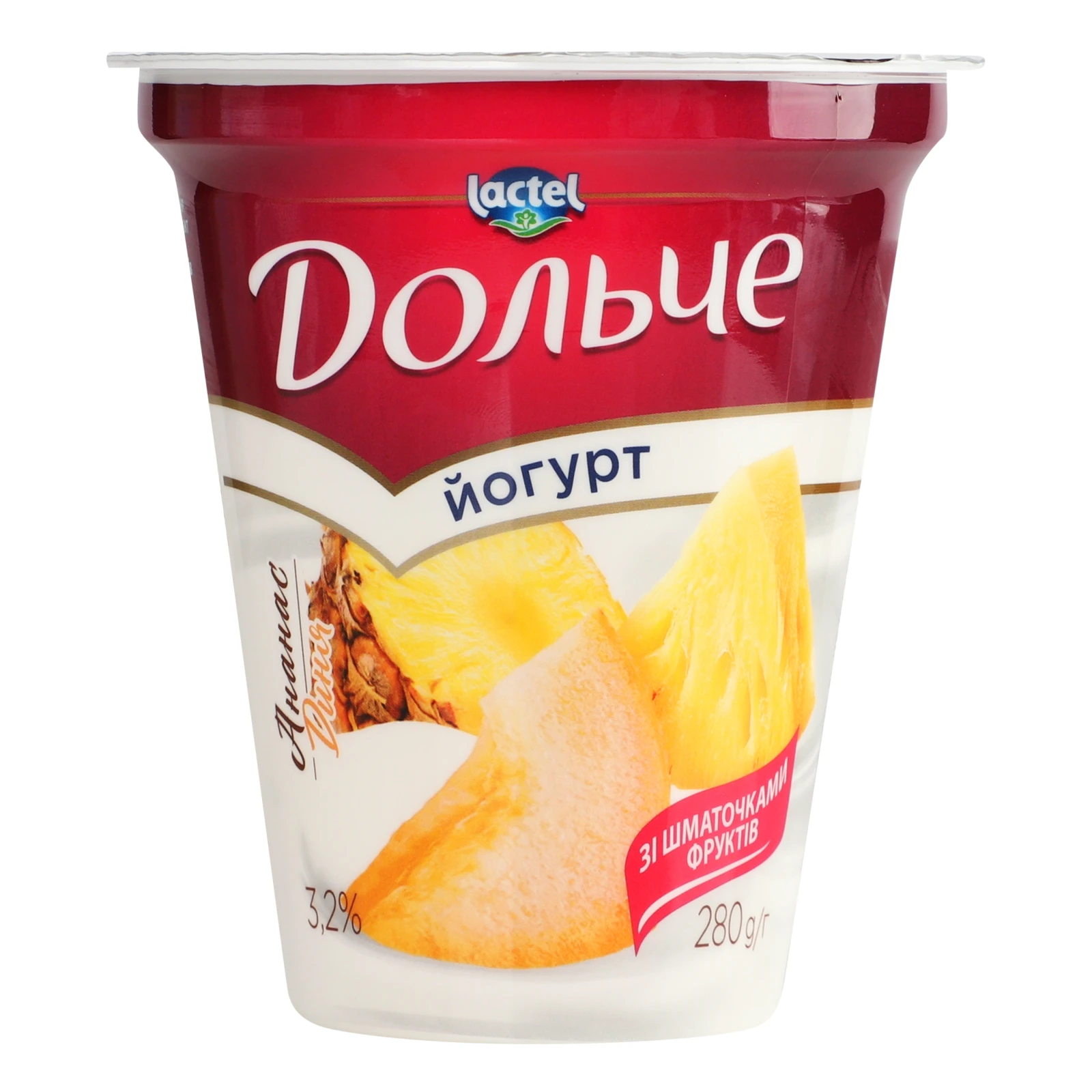 Йогурт Дольче зі шматочками фруктів Ананас-диня 3.2% 280г Фото №:1