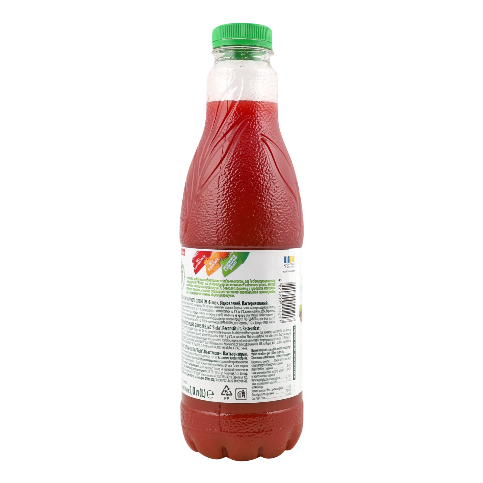 Сік Biola з м'якоттю та сіллю відновлений пастеризований Томат 1л Фото №:2