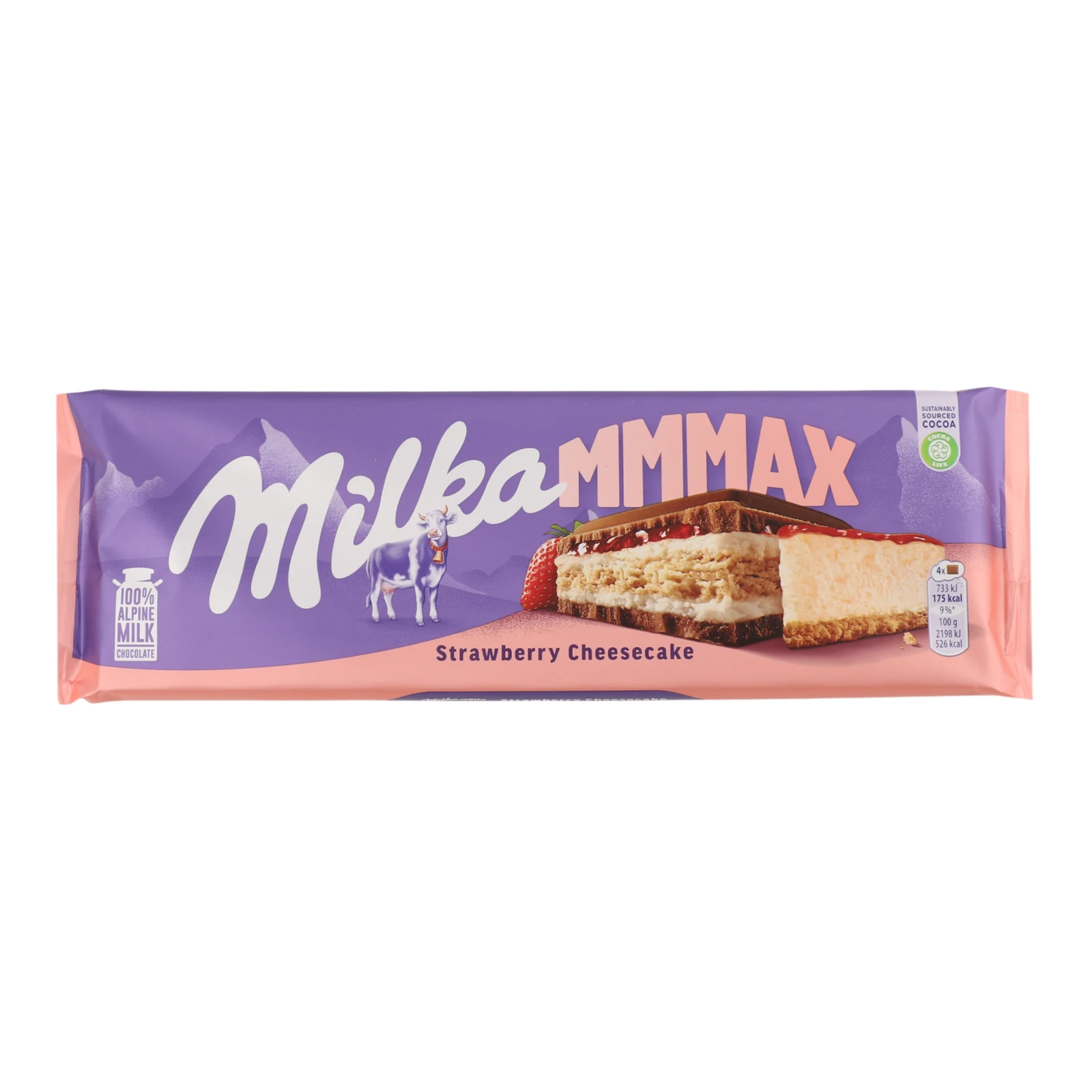 Шоколад Milka Mmmax молочний з начинкою зі смаком чизкейку, полуничною начинкою та печивом 300г
