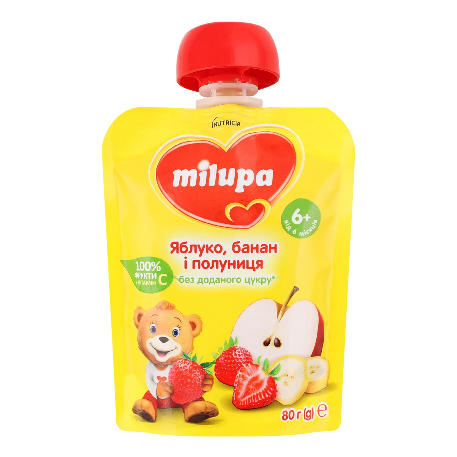 Пюре Milupa фруктове Яблуко-банан-полуниця для дітей від 6-ти місяців 80г Фото №:1