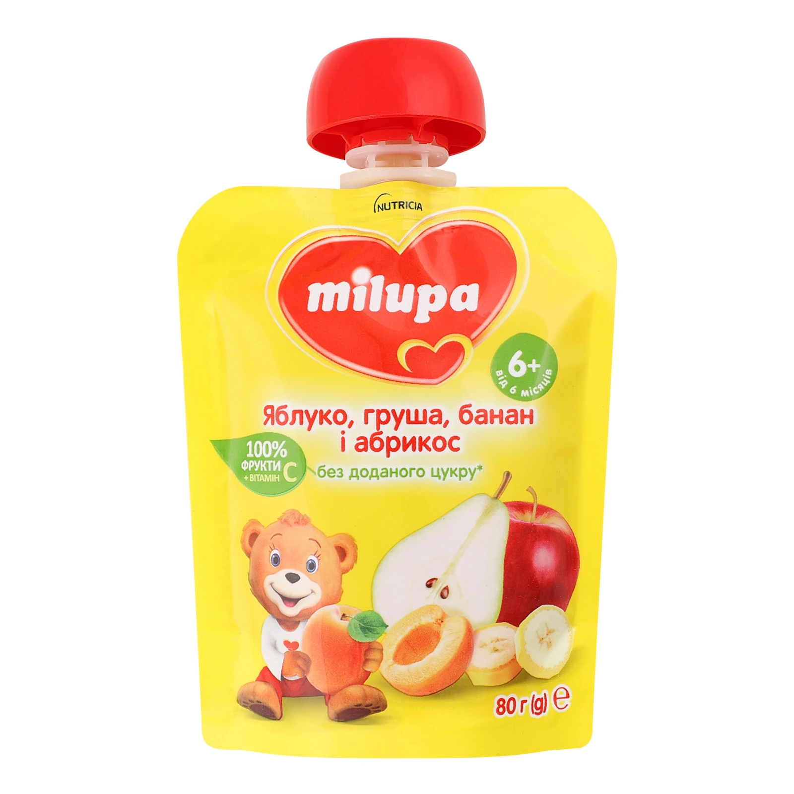 Пюре Milupa фруктове Яблуко-груша-банан-абрикос для дітей від 6-ти місяців 80г Фото №:1