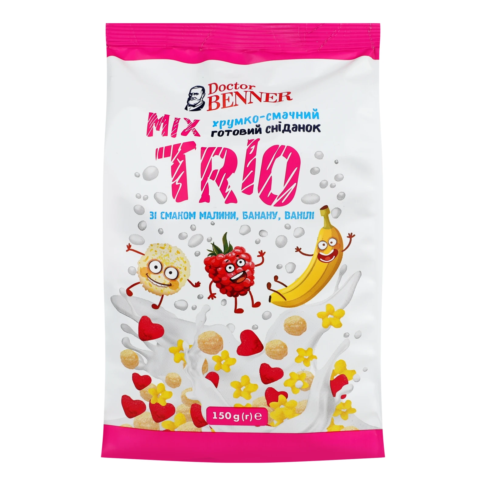 Сніданок сухий Doctor Benner Trio Mix зі смаком малини, банану, ванілі 150г Фото №:1