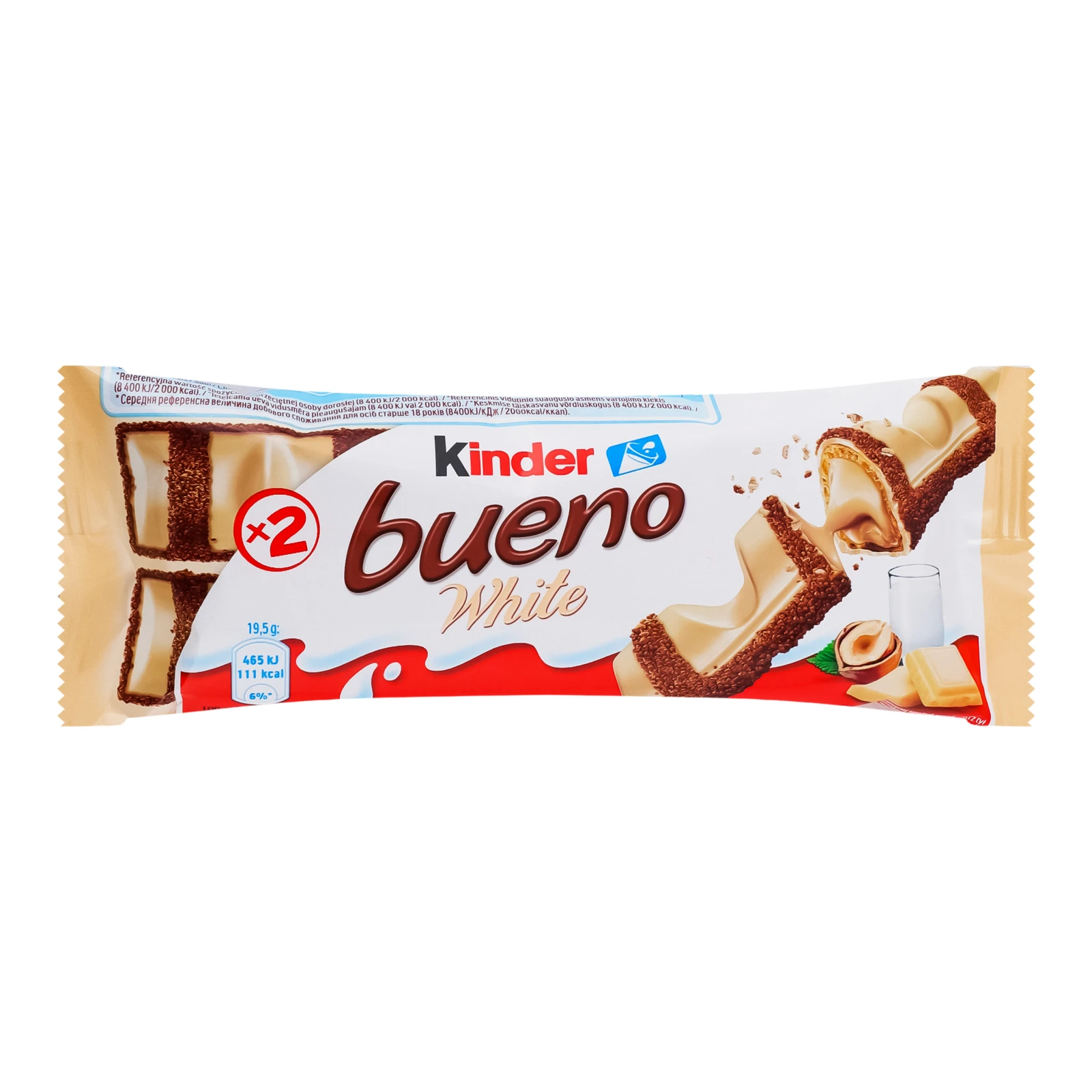 Батончик Kinder Bueno White з молочно-горіховою начинкою, покритий білим шоколадом 39г