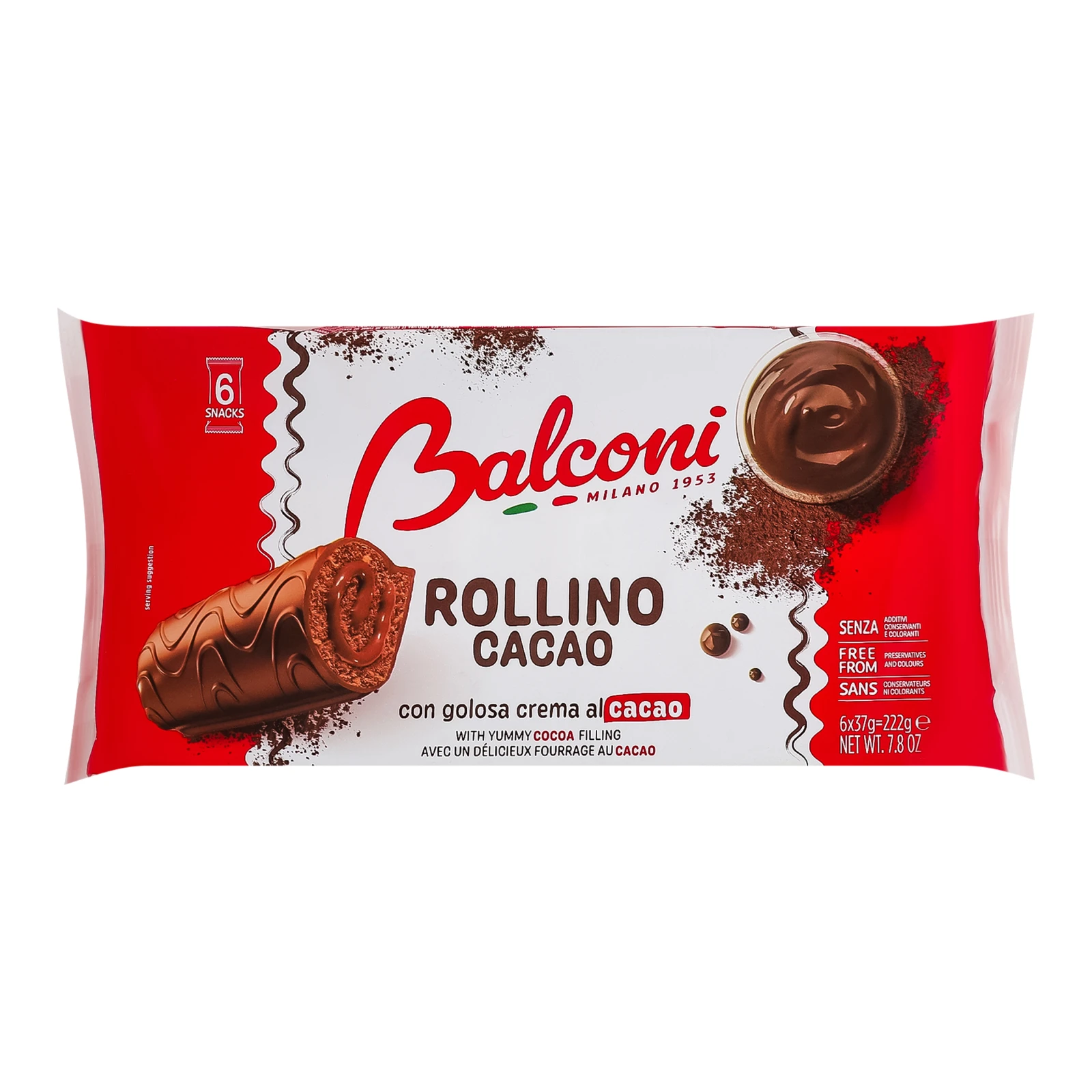 Рулети Balconi Rollino al cacao бісквітні з какао-глазур'ю та какао-начинкою 6х37г
