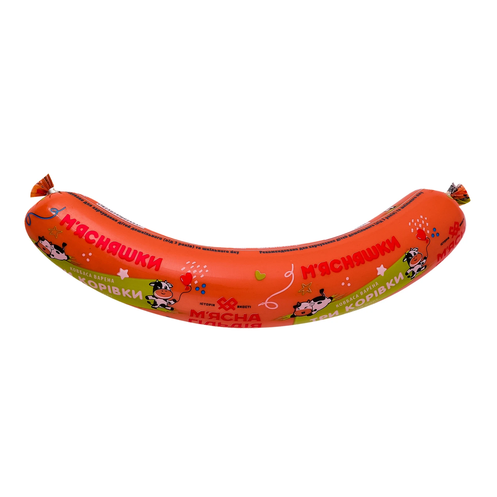 Ковбаса М'ясна Гільдія М'ясняшки Три корівки варена вищий сорт 350г Фото №:1