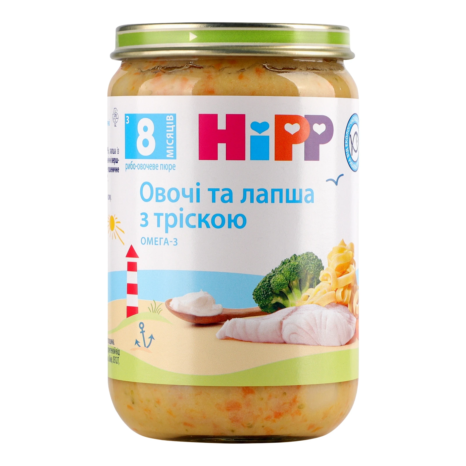 Пюре Hipp рибо-овочеве стерилізоване Овочі та лапша з тріскою для дітей від 8-ми місяців 220г