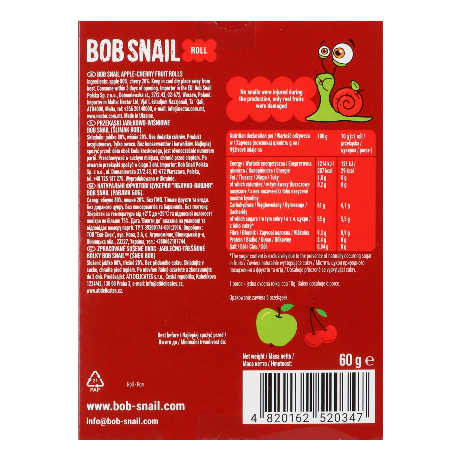 Цукерки Bob Snail фруктові натуральні Яблучно-вишневі 60г фото 2