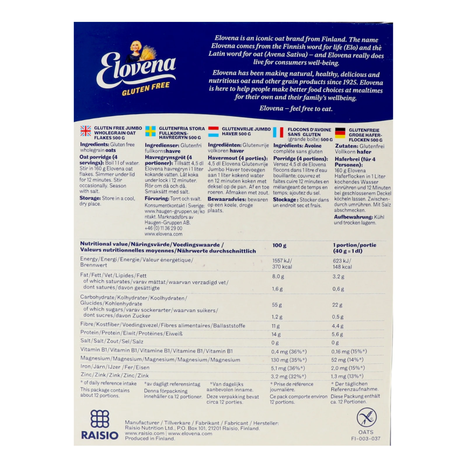 Пластівці Elovena вівсяні з цільного зерна без глютену 500г Фото №:2