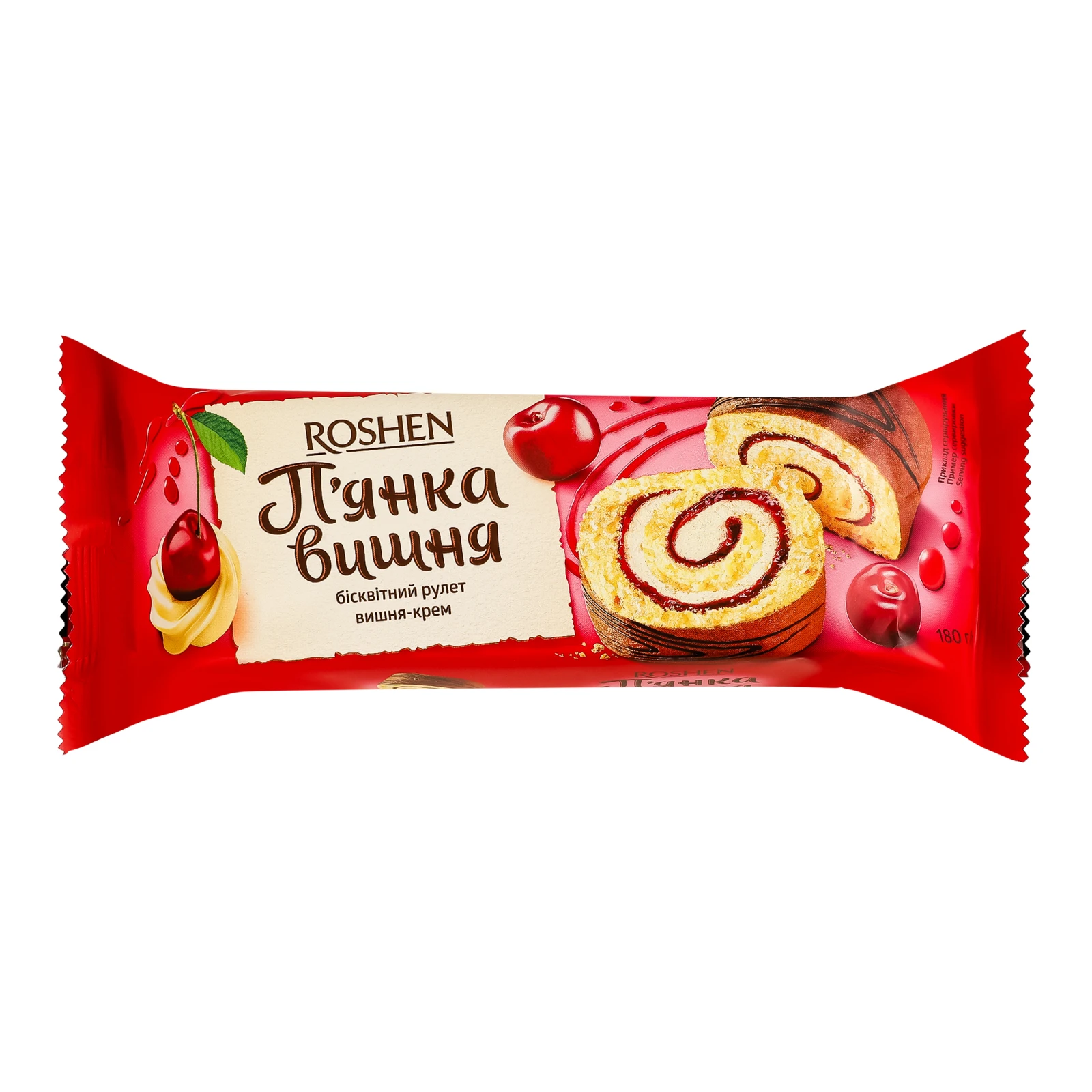 Рулет Roshen П`яна вишня бісквітній з начинкою вишня-крем 180г Фото №:1