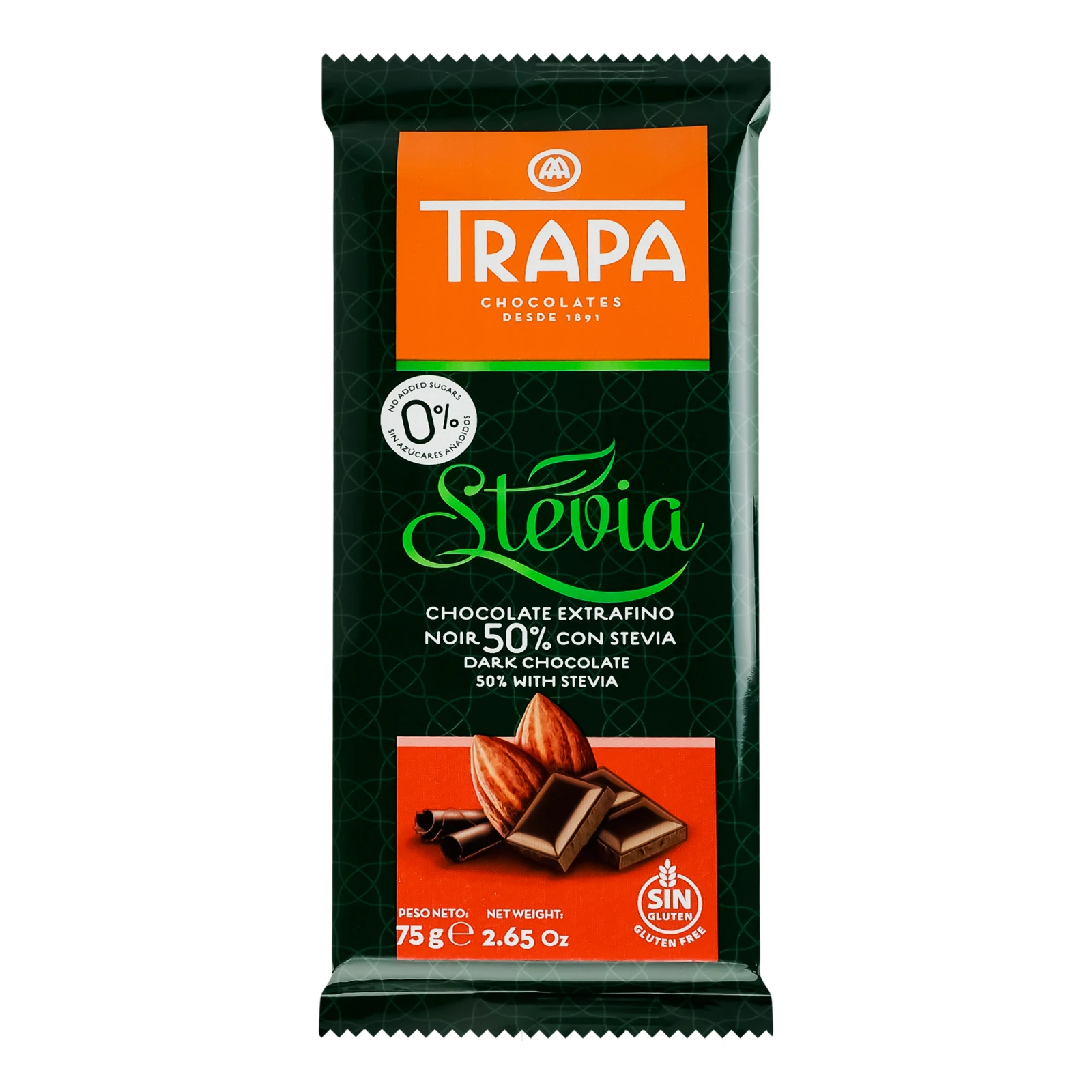 Шоколад Stevia Trapa чорний зі стевією без цукру 50% 75г