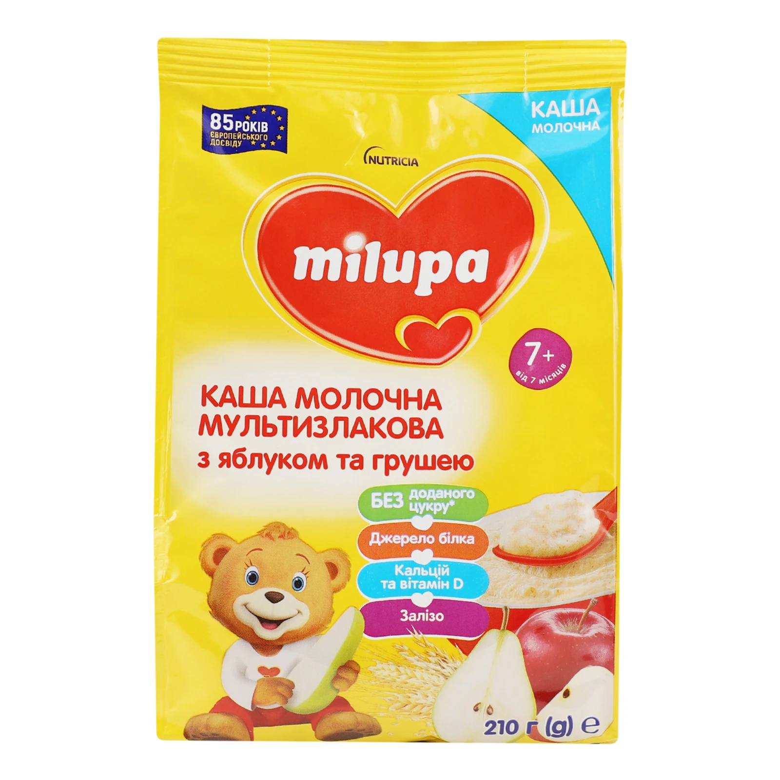 Каша молочна Milupa суха мультизлакова з яблуком і грушею швидкорозчинна для дітей від 7-ми місяців 210г Фото №:1