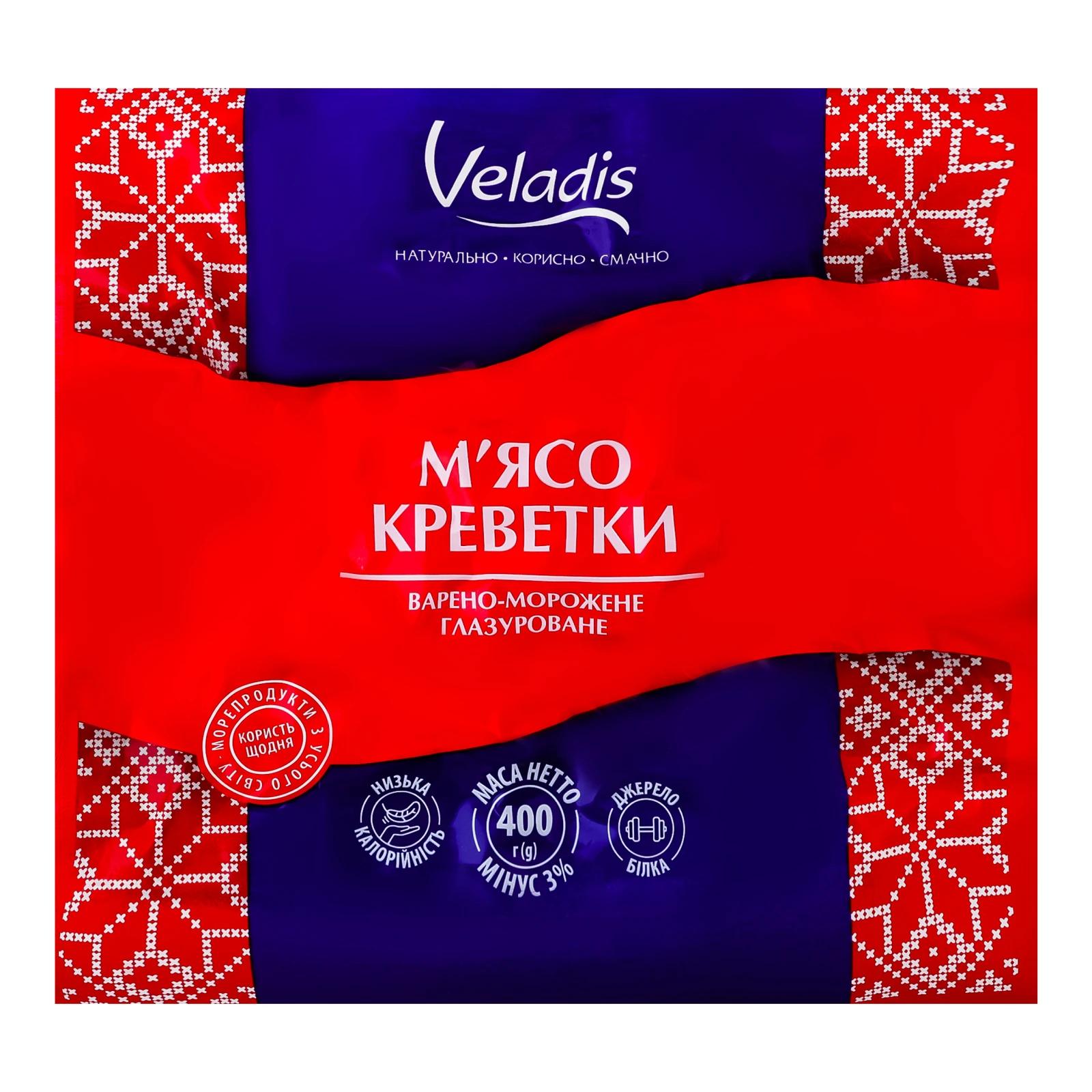 М'ясо креветки Veladis глазуроване варено-морожене 400г Фото навігації №:1