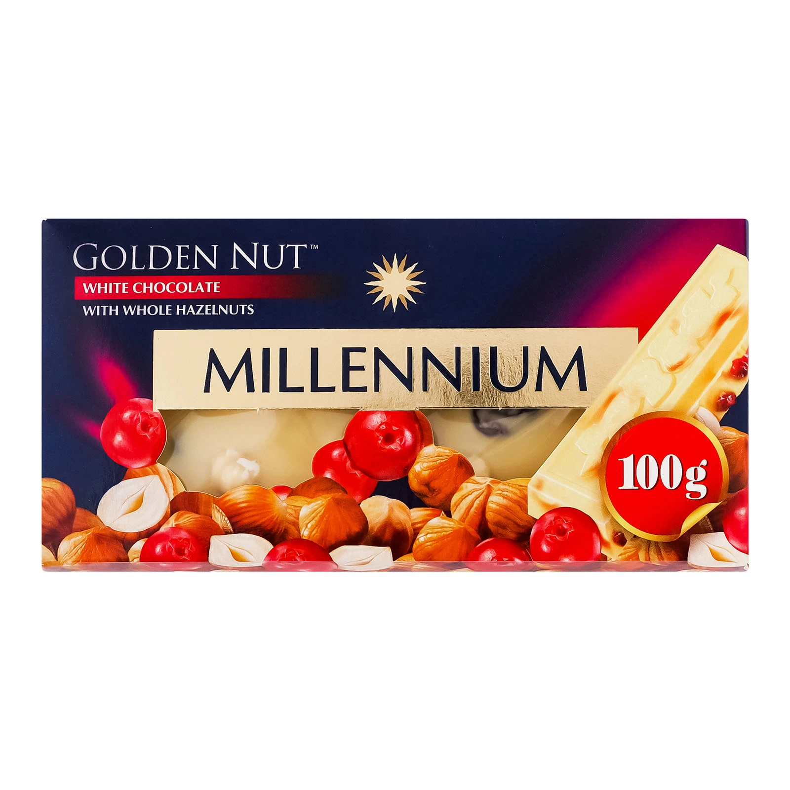 Шоколад Millennium Gold білий з цілими лісовими горіхами та журавлиною 100г Фото №:1