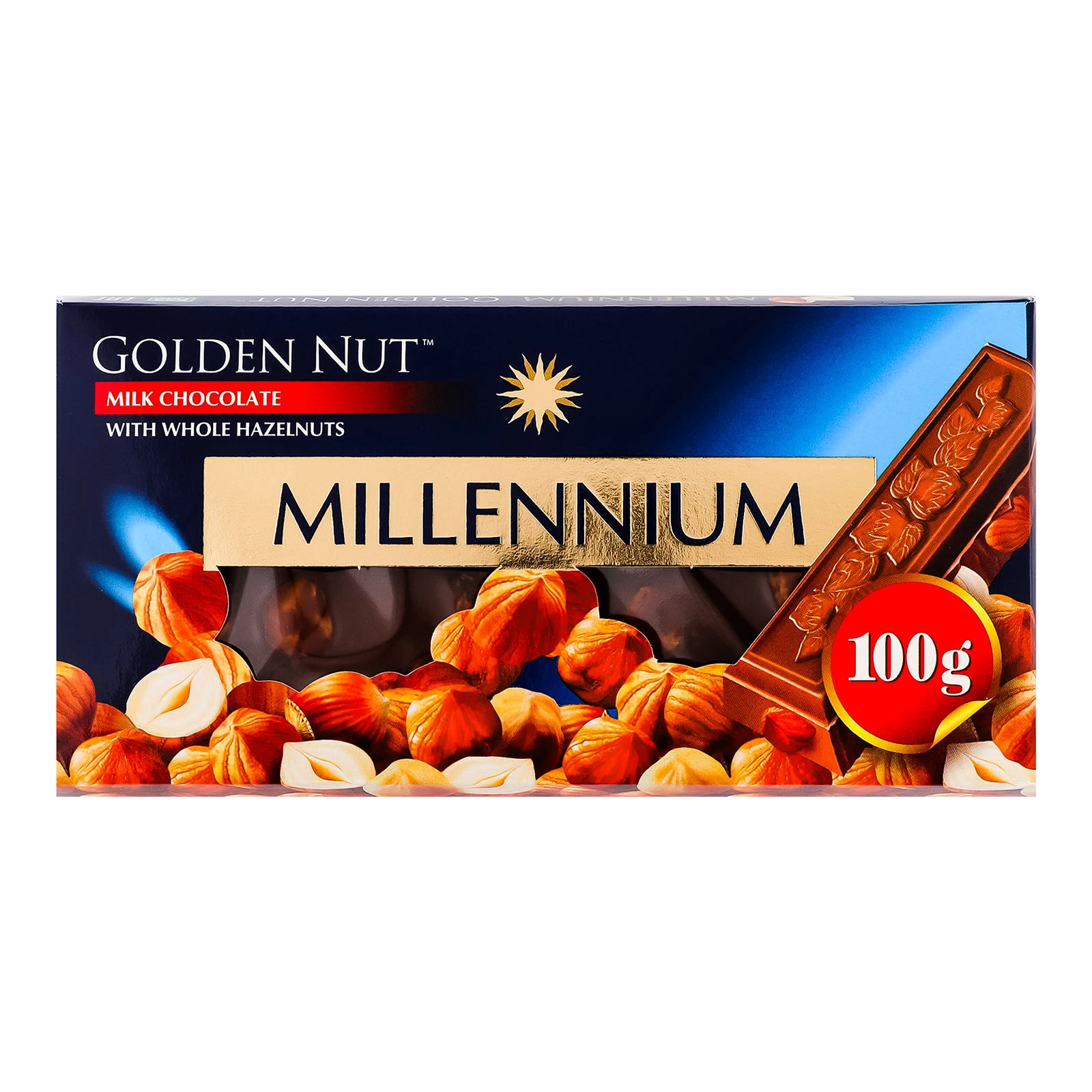 Шоколад Millennium Golden Nut молочний з цілими лісовими горіхами 100г Фото №:1