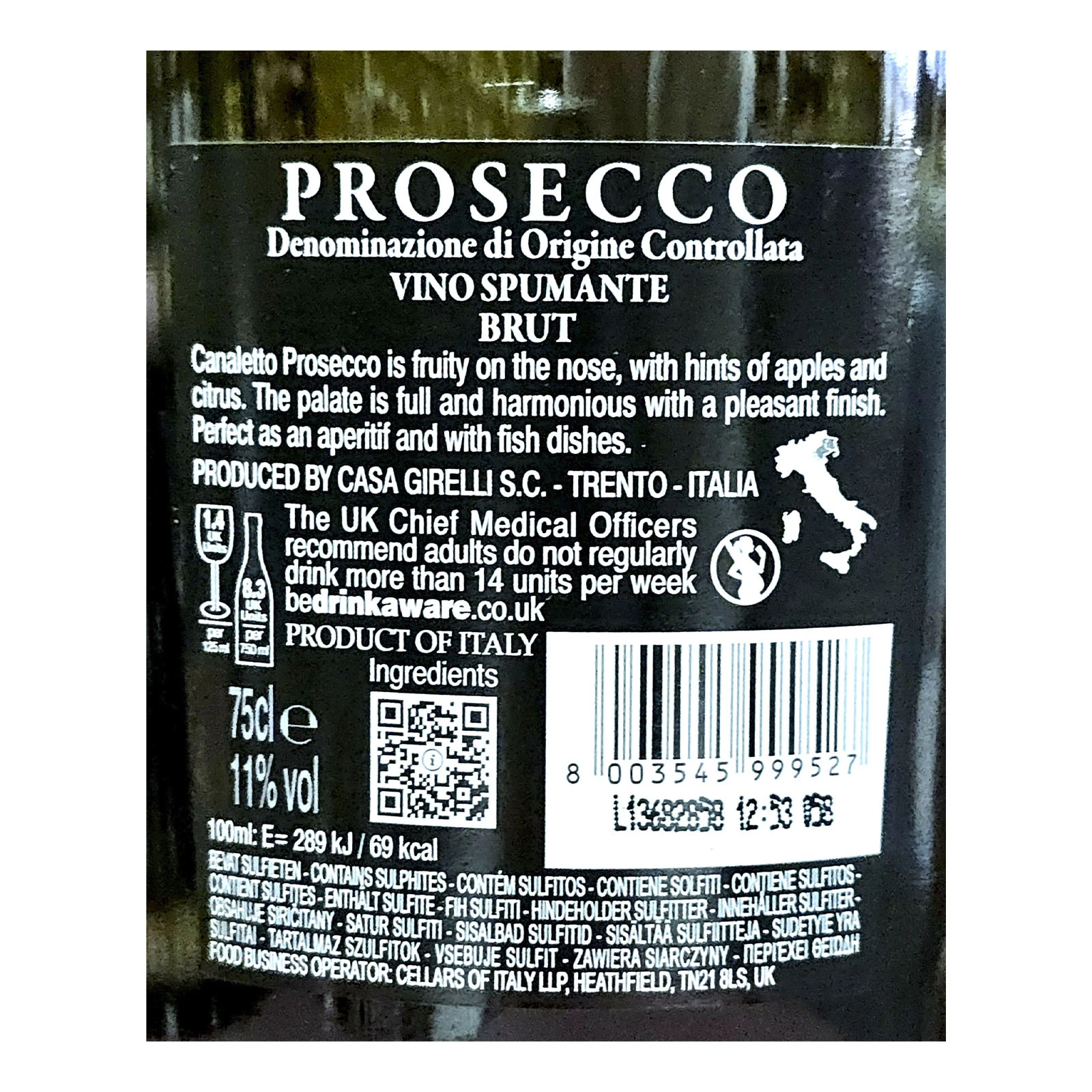 Вино ігристе Canaletto Prosecco Brut біле 11% 0.75л Фото №:2